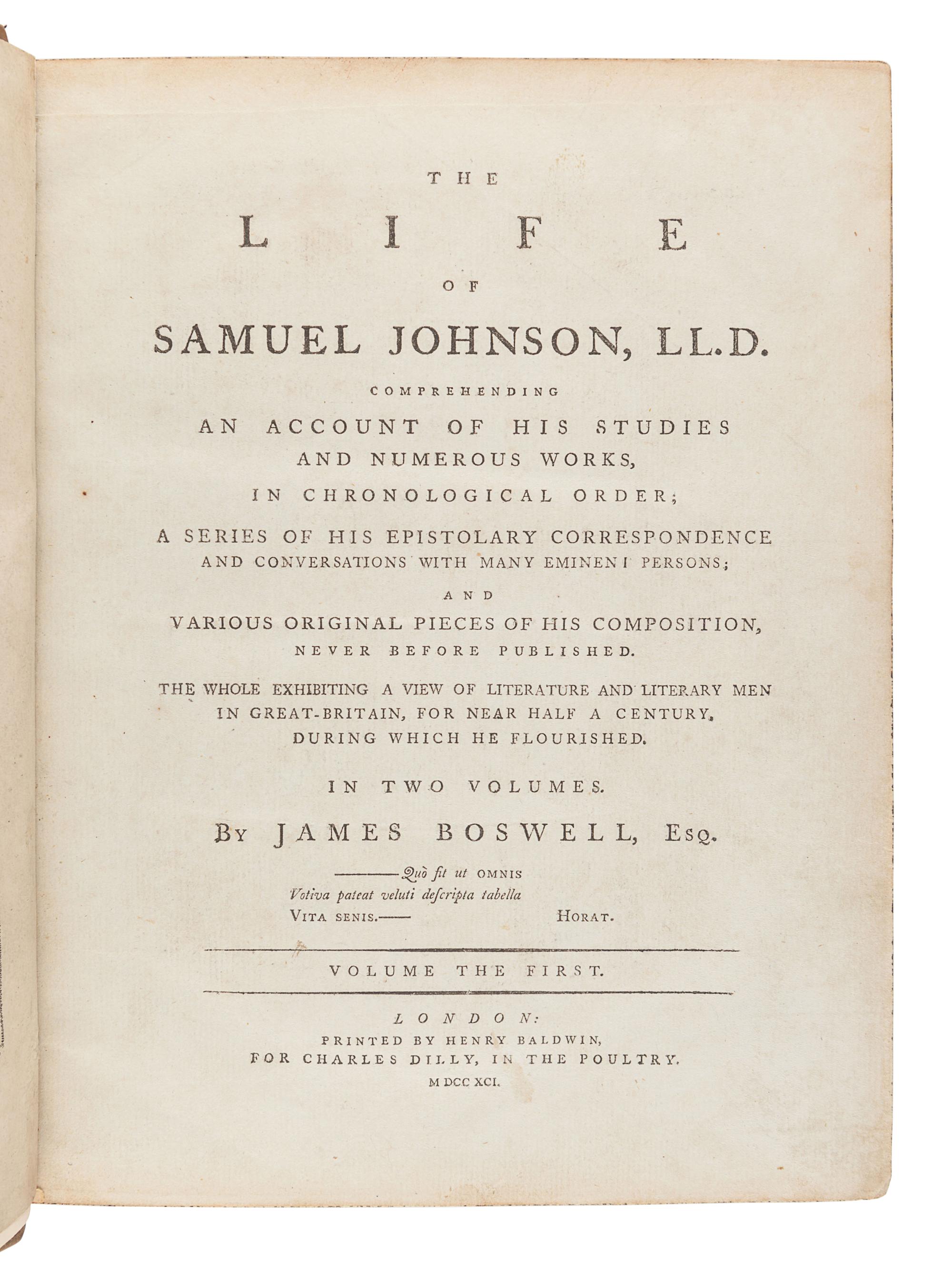 BOSWELL, James (1740-1795). The Life of Samuel Johnson . London: Henry Baldwin for Charles Dilly, 1791.