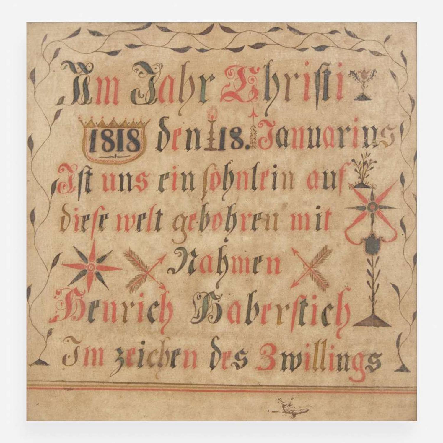 A Fraktur birth record for Heinrich Haberstich; Dated, "January 18, 1818"