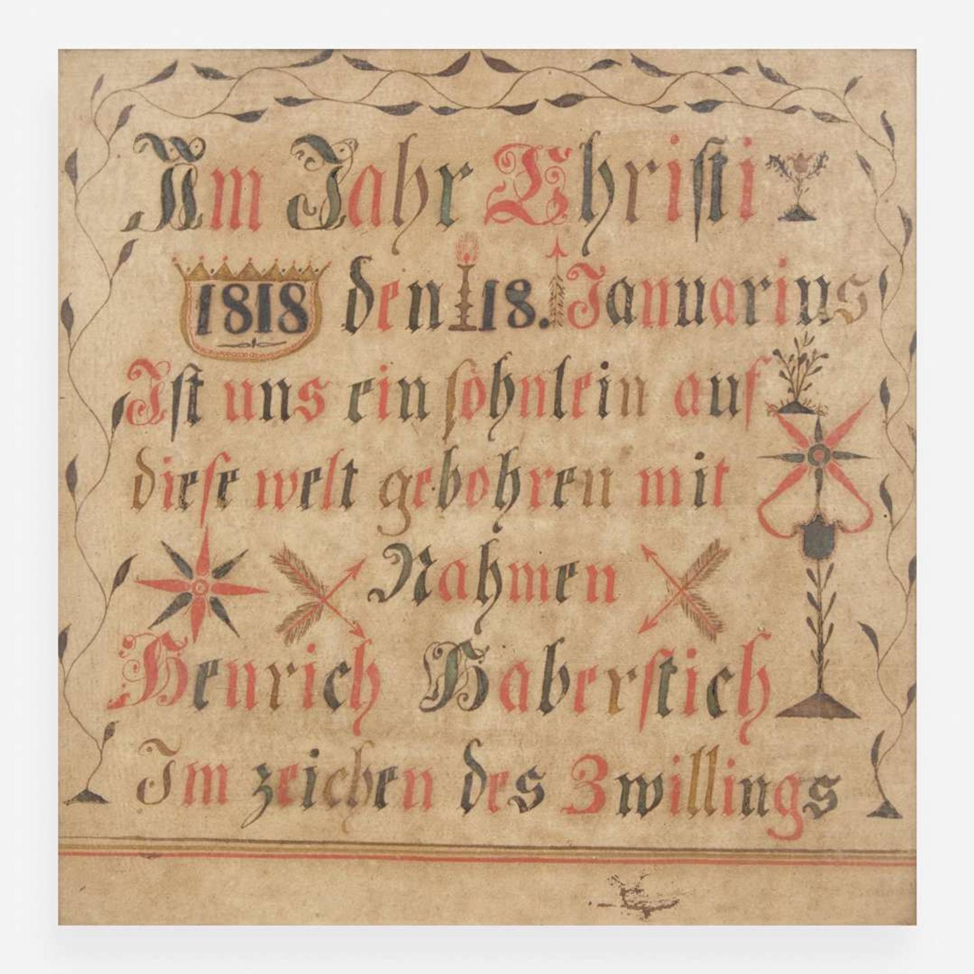 A Fraktur birth record for Heinrich Haberstich; Dated, "January 18, 1818"
