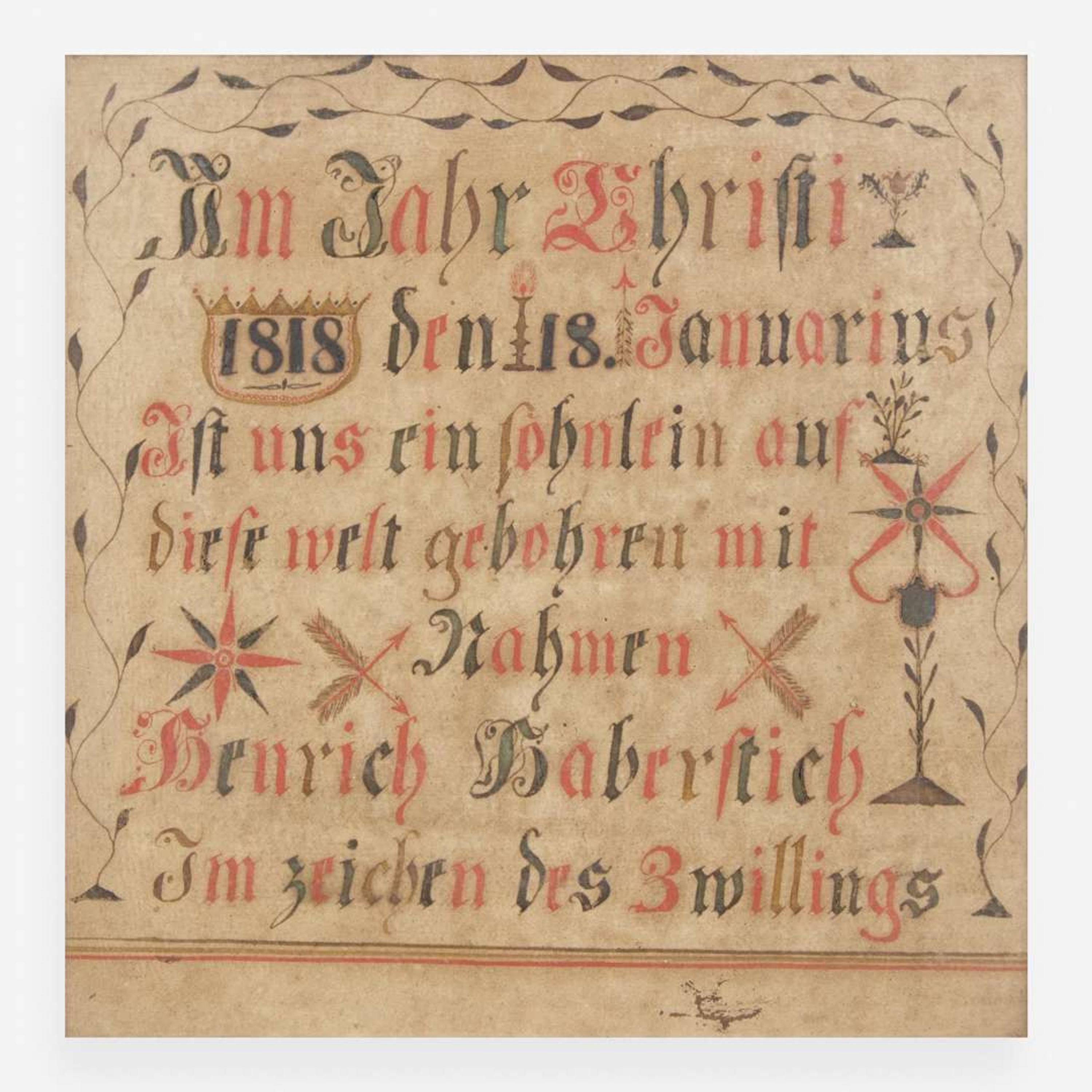 A Fraktur birth record for Heinrich Haberstich; Dated, "January 18, 1818"