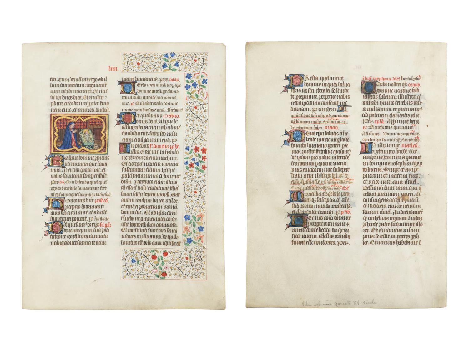 BREVIARY WITH MODERN ILLUMINATION Two leaves from a Breviary, with a modern miniature of the Nativity, in Latin, illuminated manuscript on parchment [France, Loire Valley, c. 1450–1460 (text); modern (illumination)]