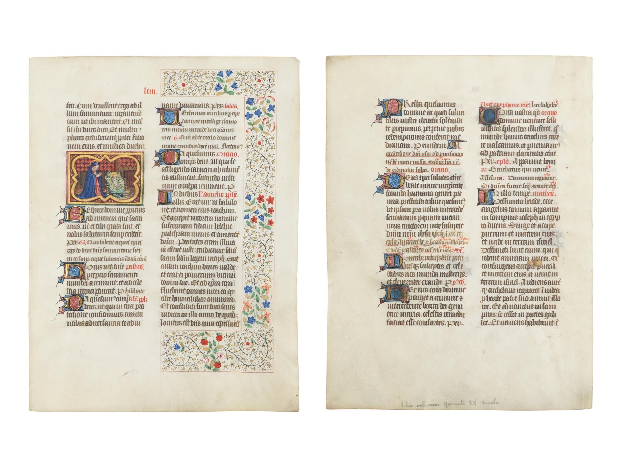 BREVIARY WITH MODERN ILLUMINATION Two leaves from a Breviary, with a modern miniature of the Nativity, in Latin, illuminated manuscript on parchment [France, Loire Valley, c. 1450–1460 (text); modern (illumination)]