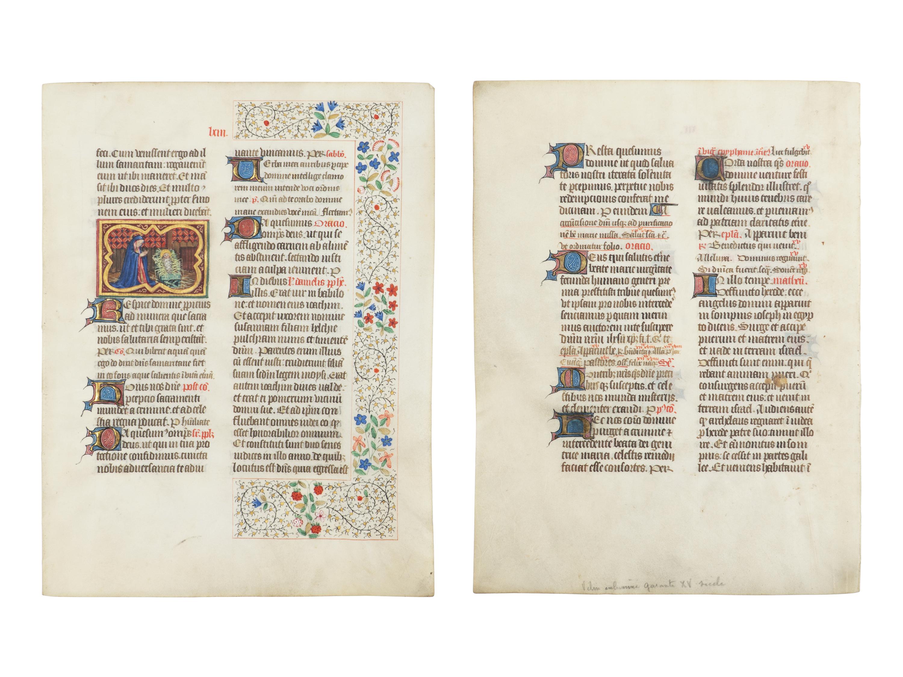 BREVIARY WITH MODERN ILLUMINATION Two leaves from a Breviary, with a modern miniature of the Nativity, in Latin, illuminated manuscript on parchment [France, Loire Valley, c. 1450–1460 (text); modern (illumination)]