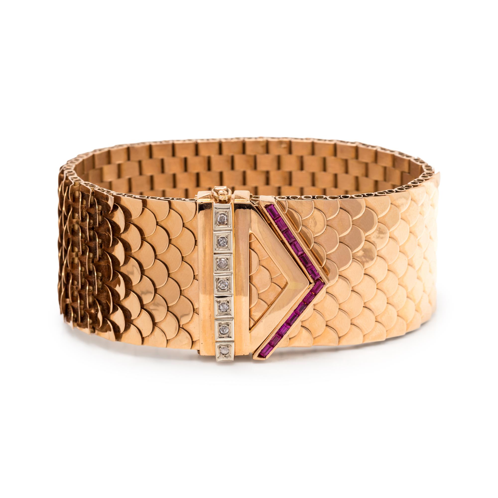 YELLOW GOLD, SYNTHETIC RUBY AND DIAMOND BRACELET