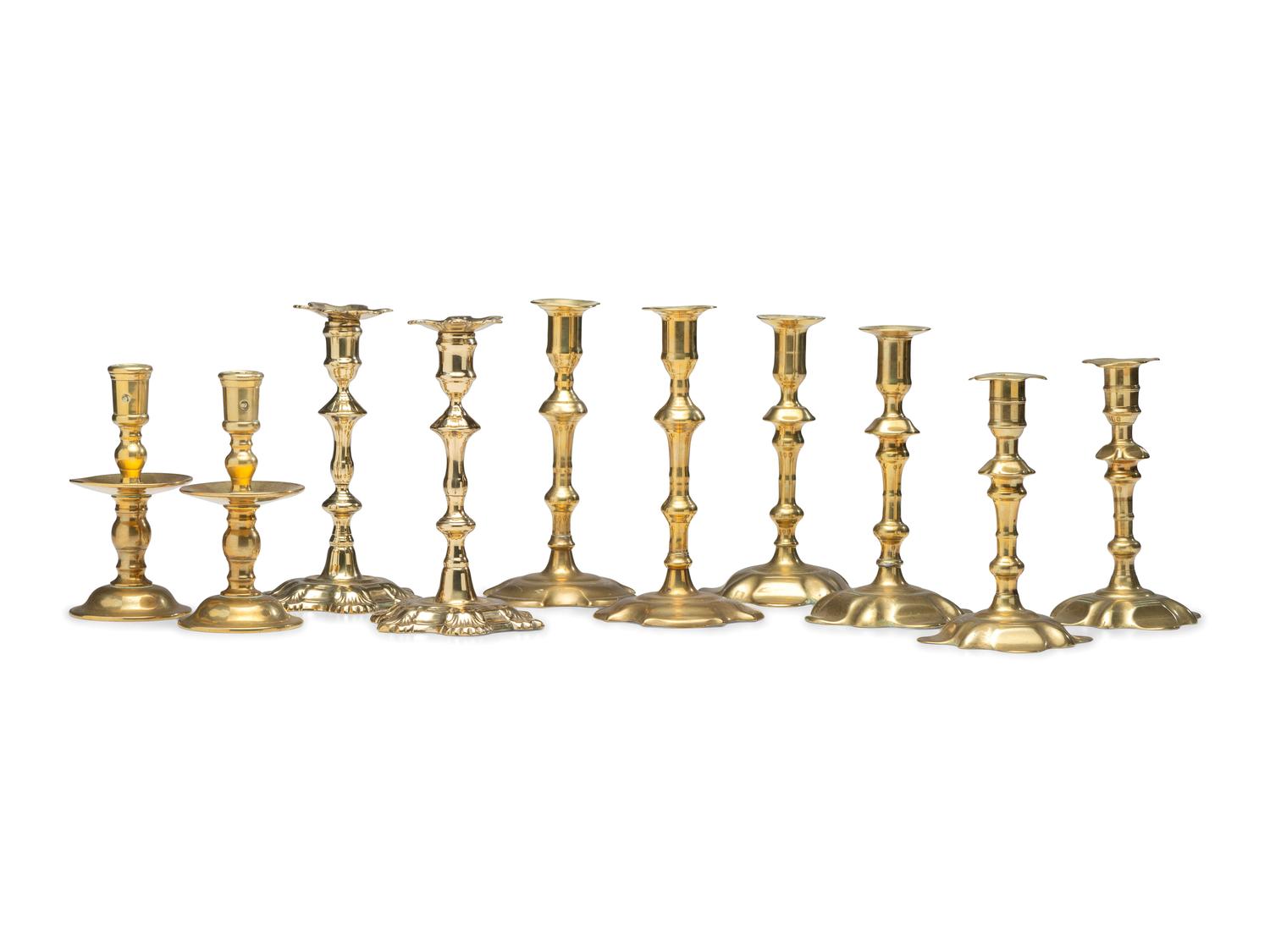 Five Pairs of English Cast Brass Candlesticks