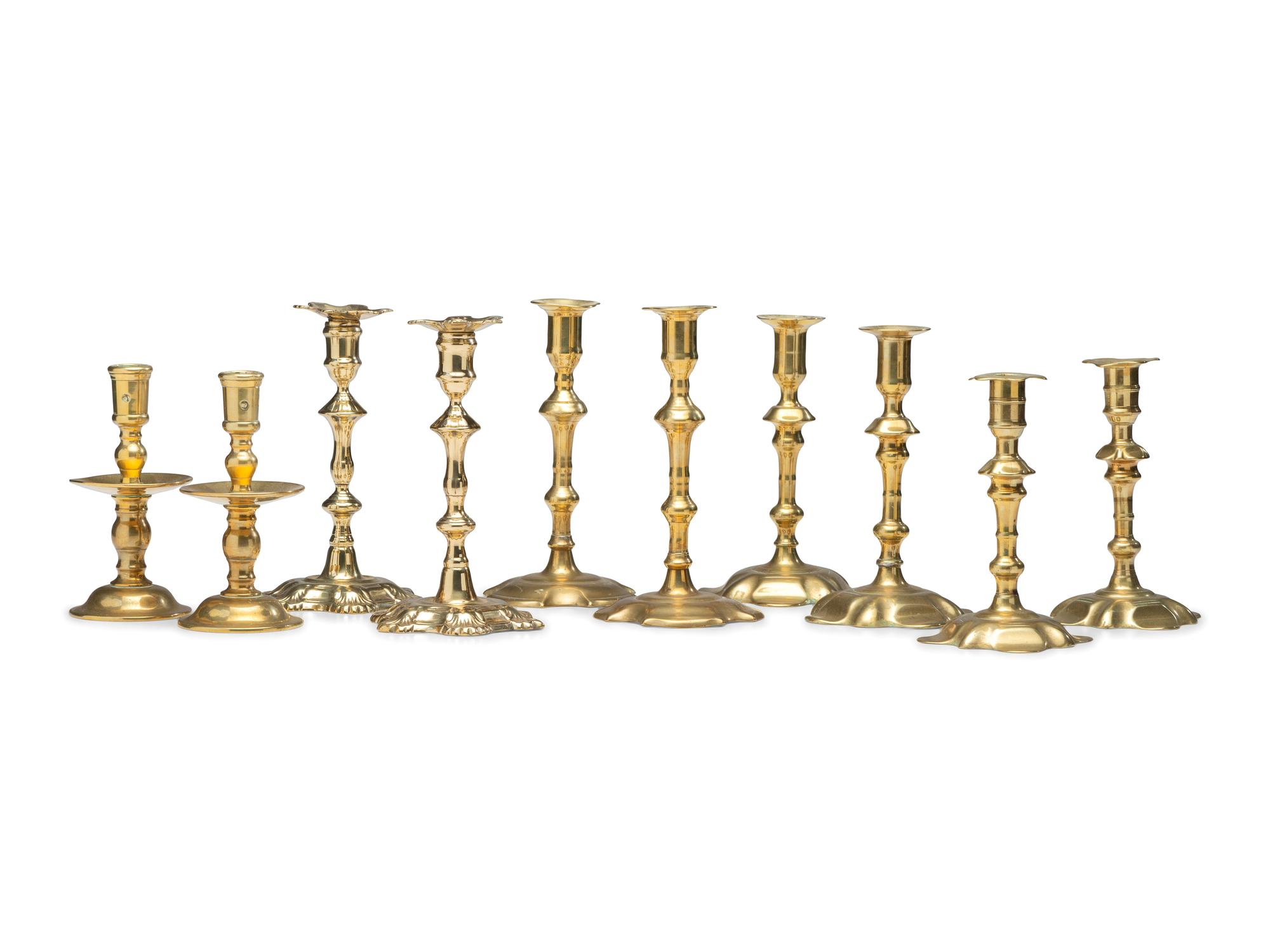 Five Pairs of English Cast Brass Candlesticks