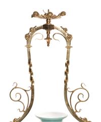 A Victorian Colored Glass Mounted Gilt Bronze Five-Light Ceiling Fixture