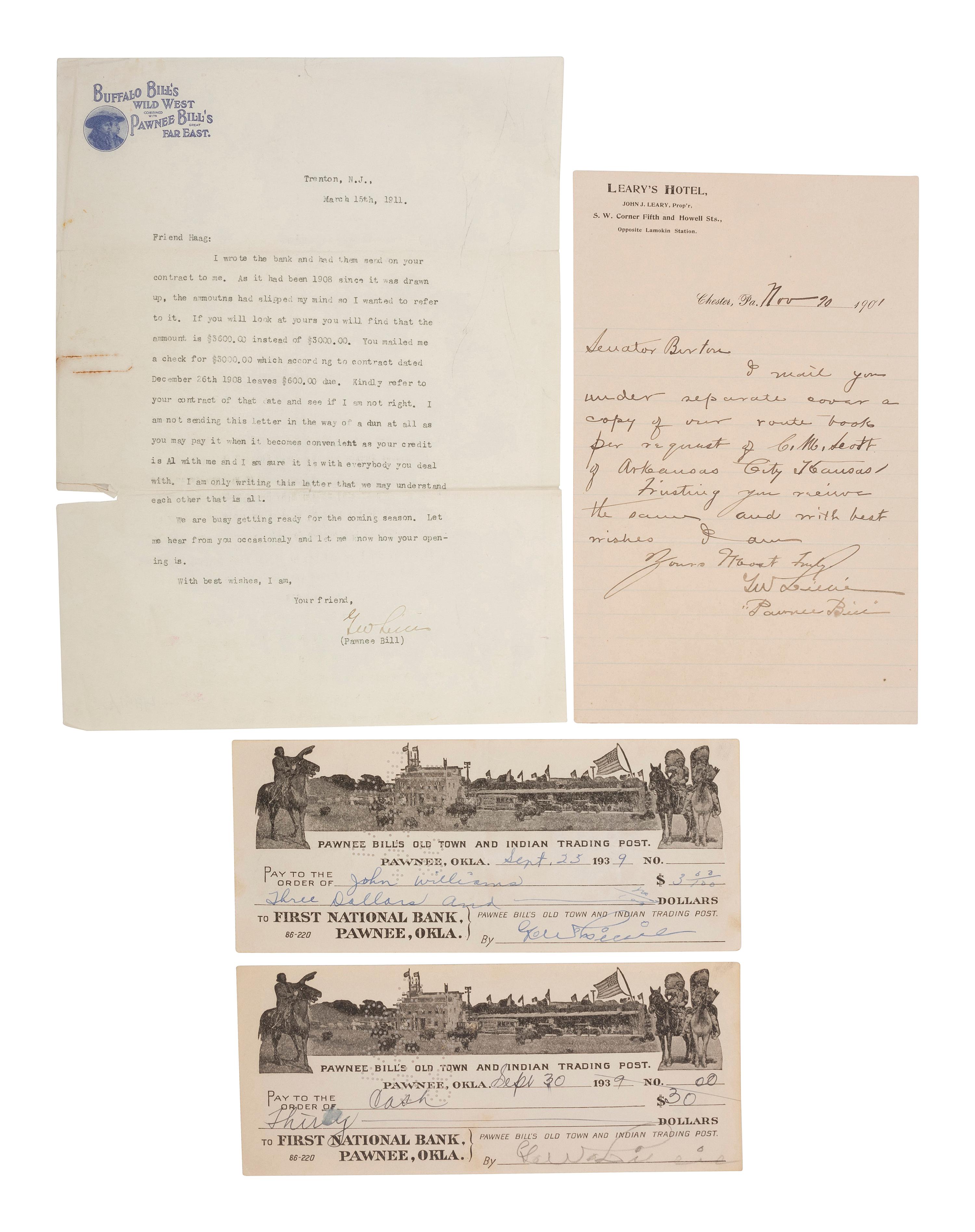 [WILD WEST SHOWS] -- [LILLIE, Gordon W. "Pawnee Bill" (1860-1942)]. A group of 7 items, incl. LS, TLS, signed checks, and memorabilia from Pawnee Bill's Old Town and Indian Trading Post.