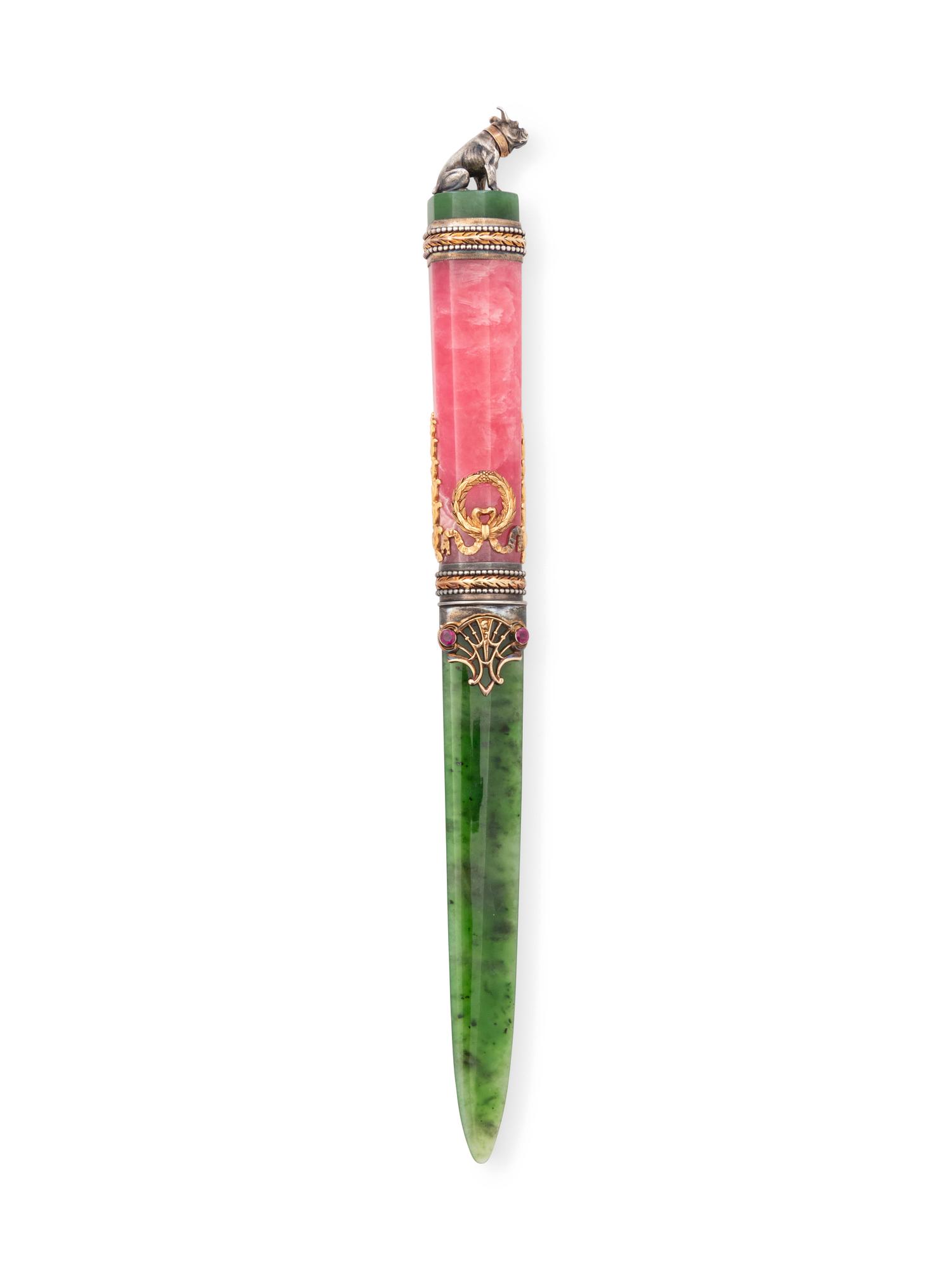 A Russian Gold and Gemstone Mounted Hardstone Letter Opener
