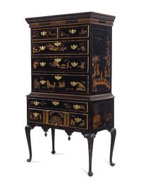 A Queen Anne Japanned Maple and Pine Flat Top High Chest