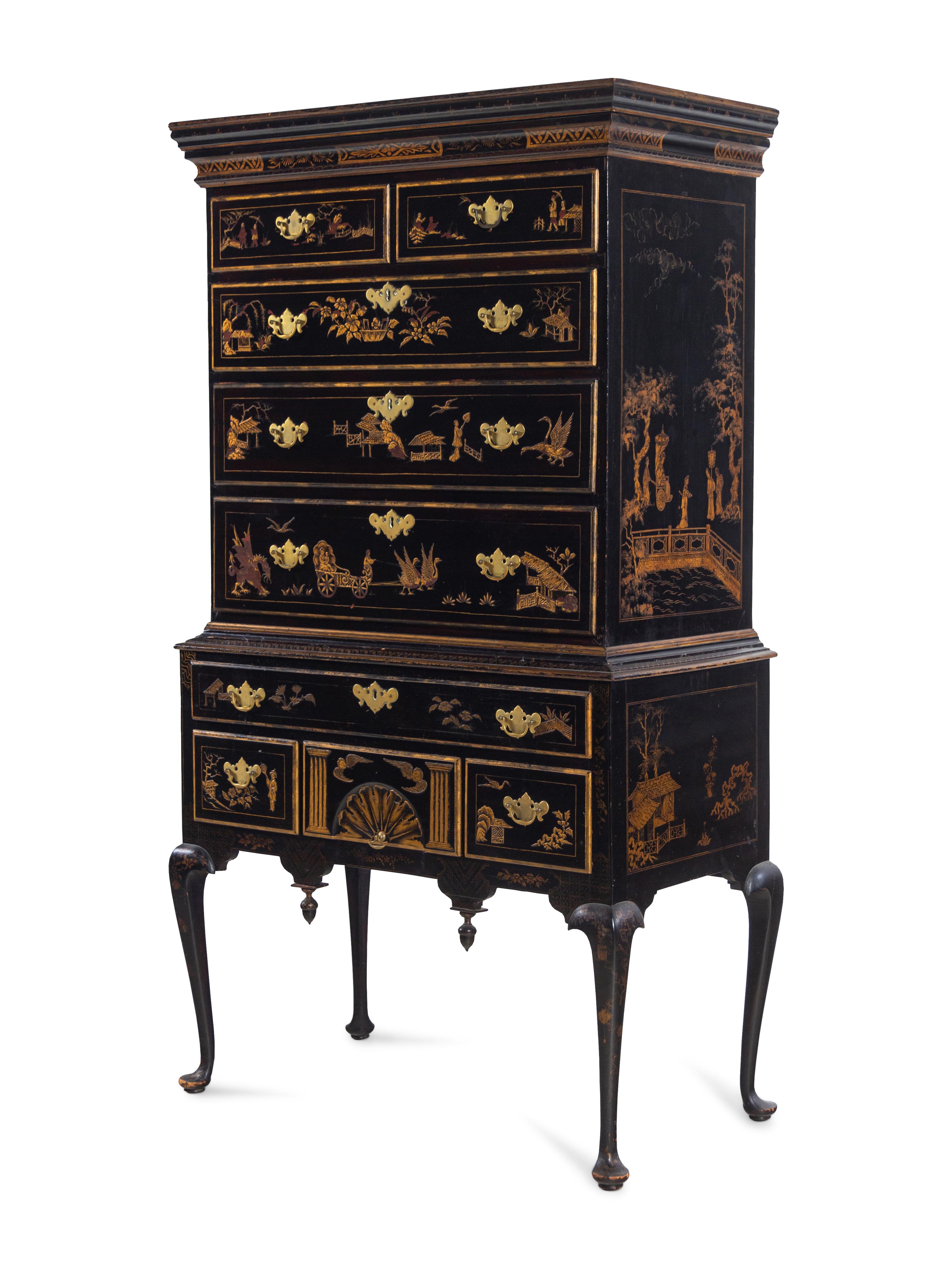 A Queen Anne Japanned Maple and Pine Flat Top High Chest