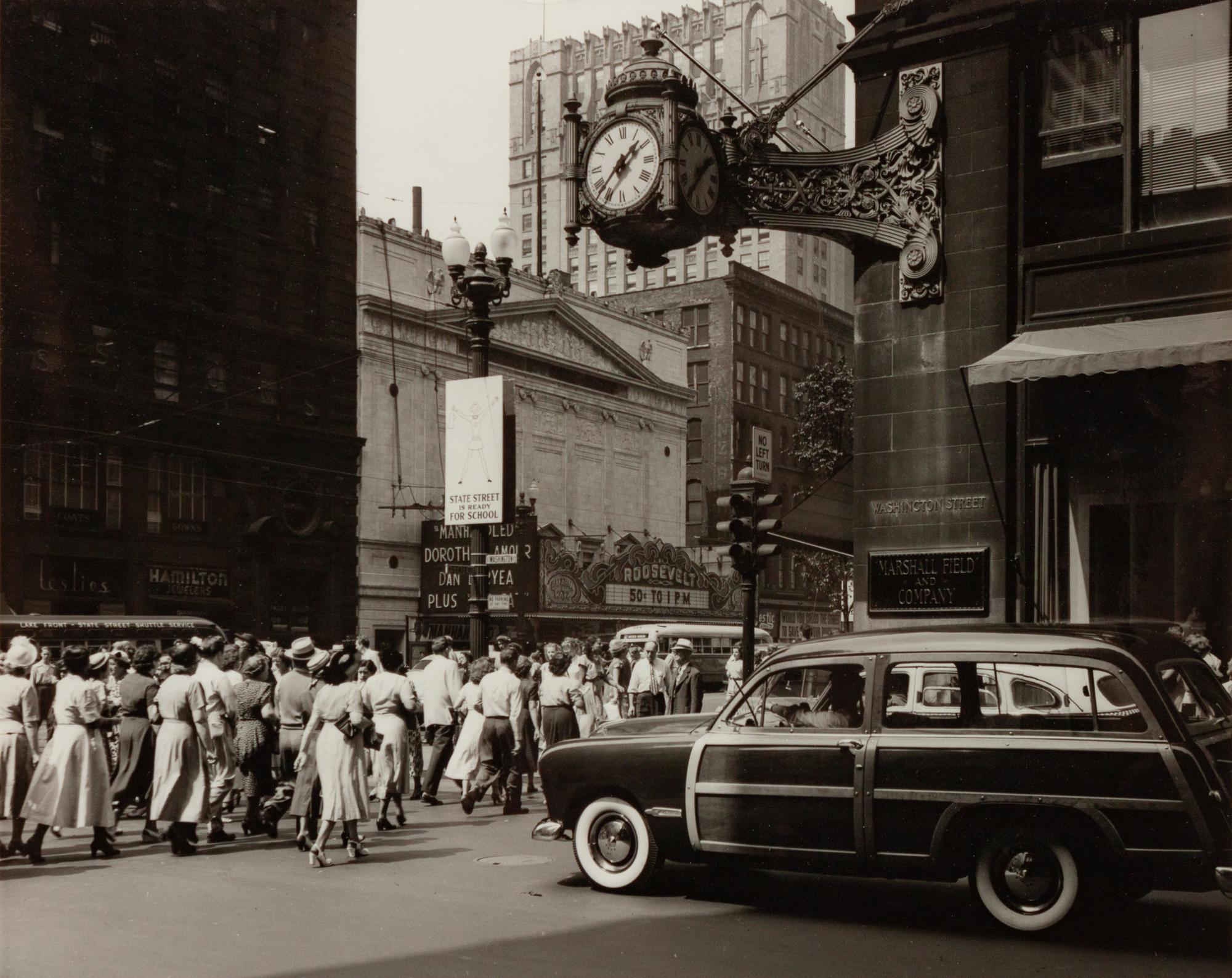 A group of four photographs depicting Chicago ( Rush Street, Chicago's Night Club District , c. 1950; Wrigley Building at Night, Michigan Ave. Bridge , c. 1950; Chicago , c. 1935; State Street and Marshall Field Clock , c. 1950)
