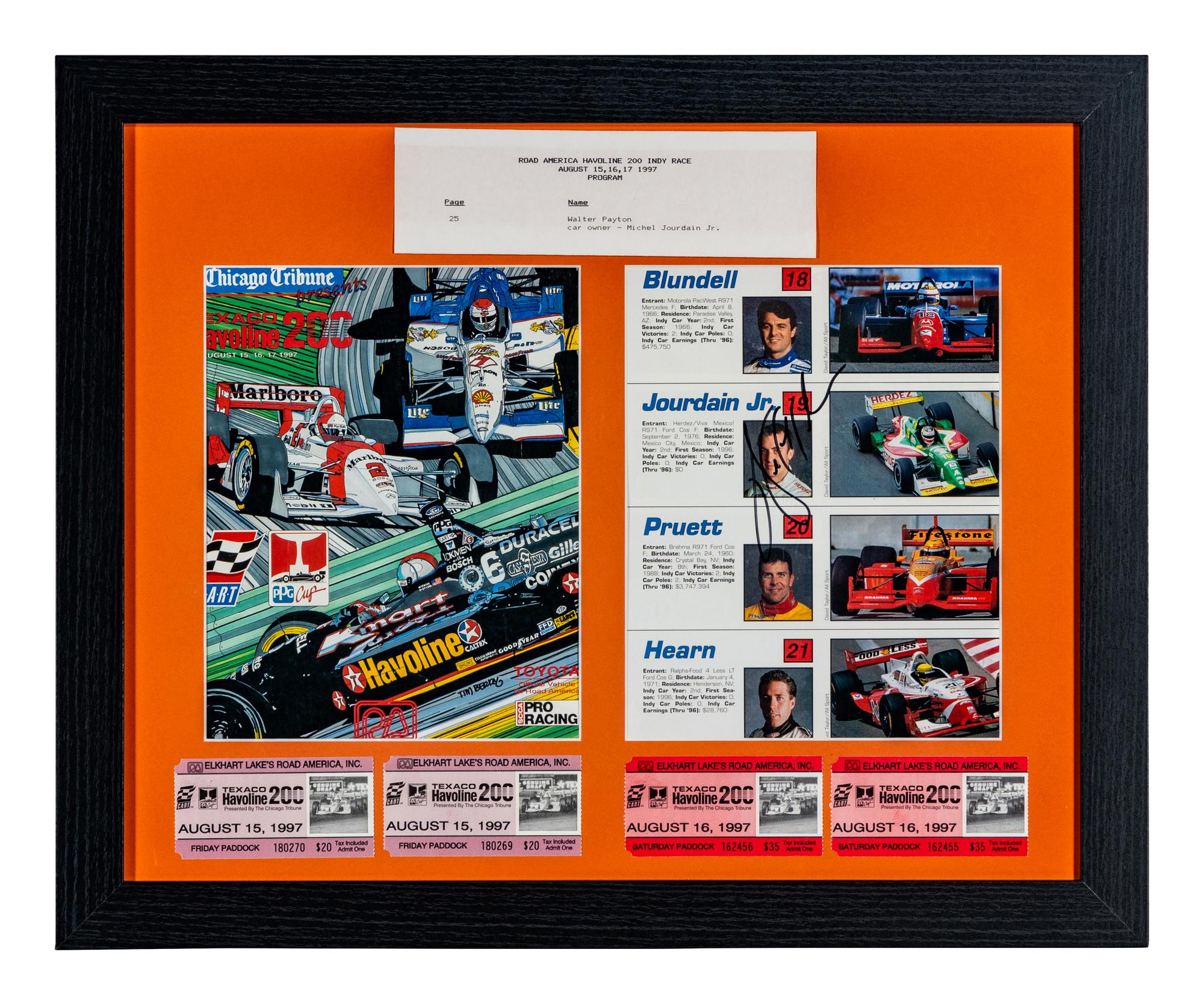 A Unique Walter Payton Signed Autograph Auto Racing Display with Tickets