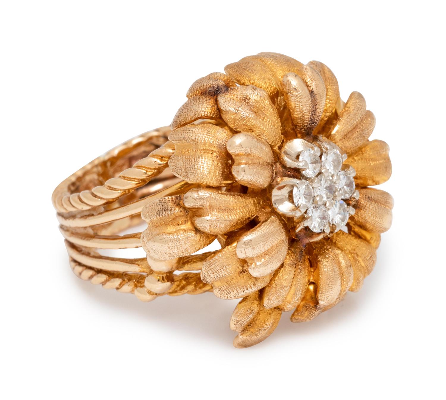 A Yellow Gold and Diamond Flower Ring,