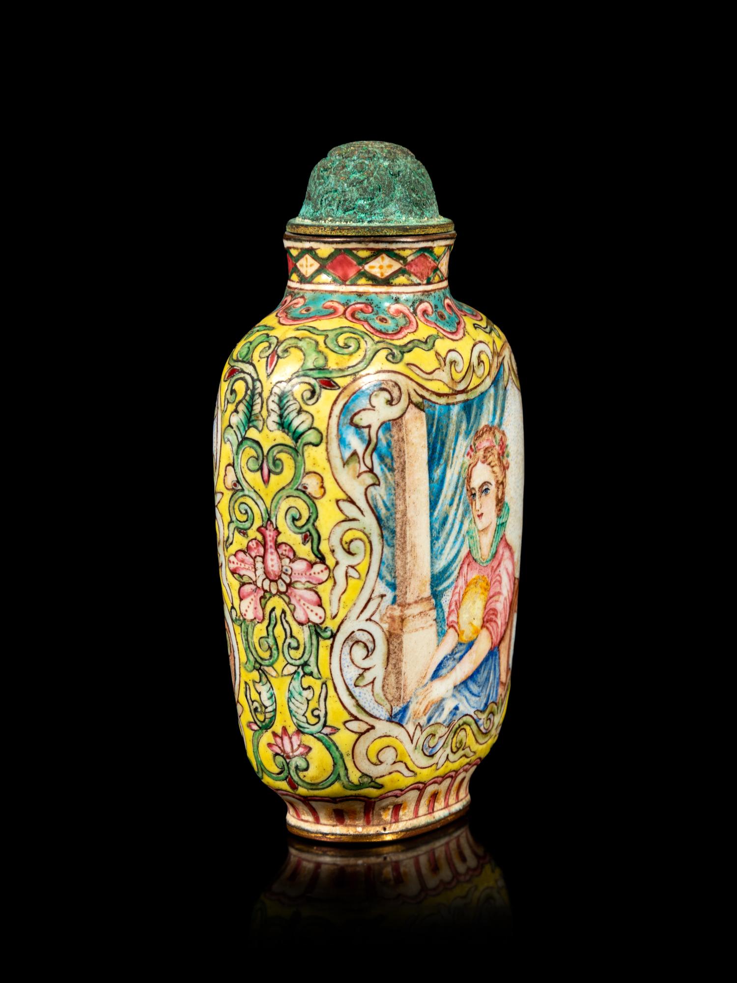 A Canton Enamel on Copper 'European Subject' Snuff Bottle