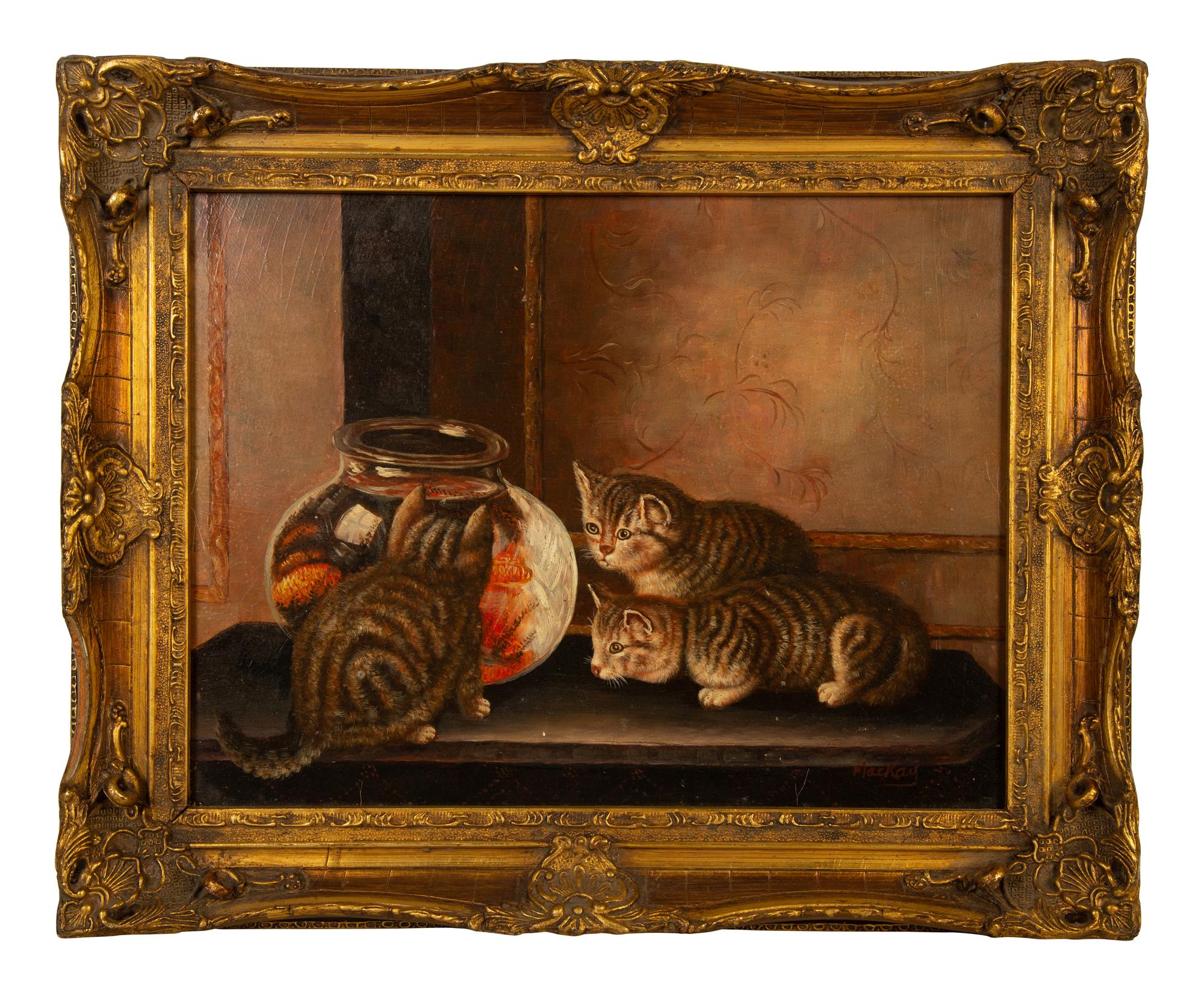 Three Cats Watching a Goldfish Bowl