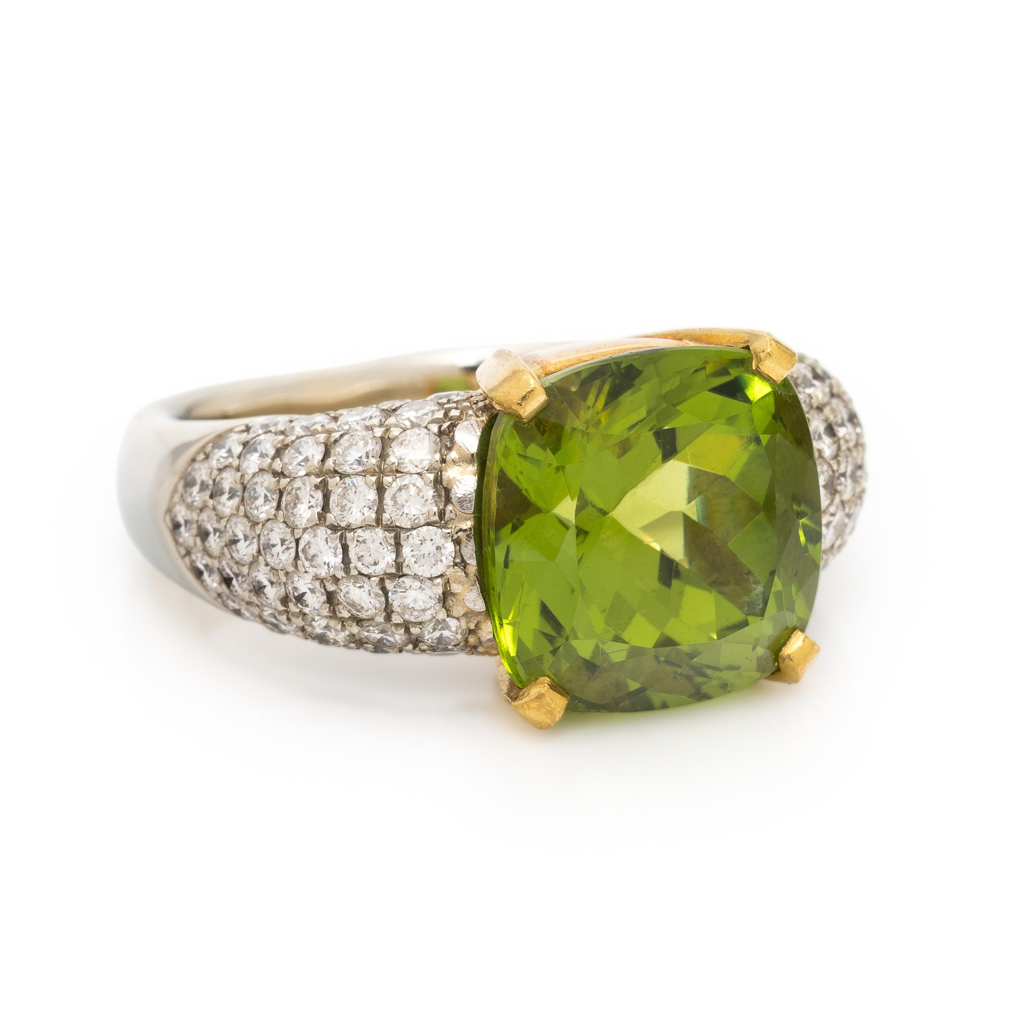 Peridot, Diamond, and White Gold Ring
