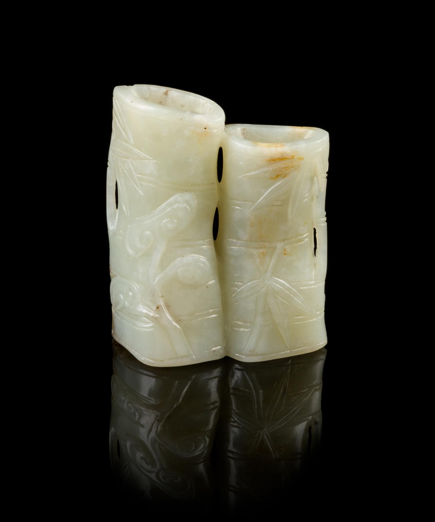 A Chinese Pale Celadon Jade Double Bamboo Scholar's Object 18TH/19TH CENTURY Height 2 1/2 inches. — 18TH/19TH CENTURY