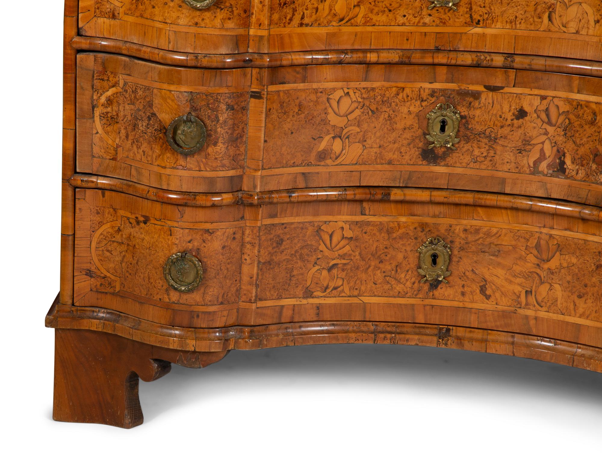 A German Baroque Burl Walnut Marquetry Serpentine Chest of Drawers