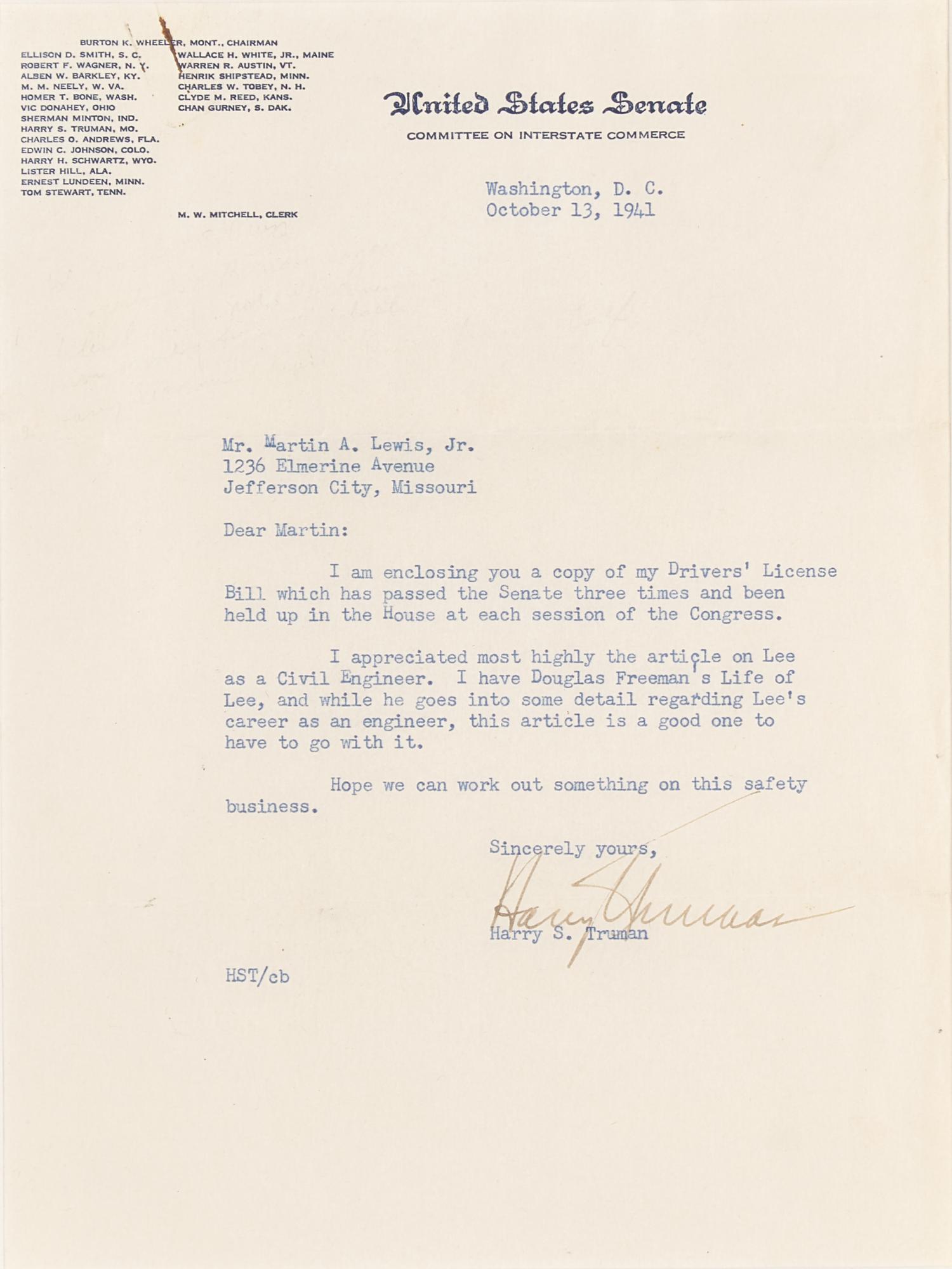 [Presidential] Truman, Harry S. Typed Letter, signed