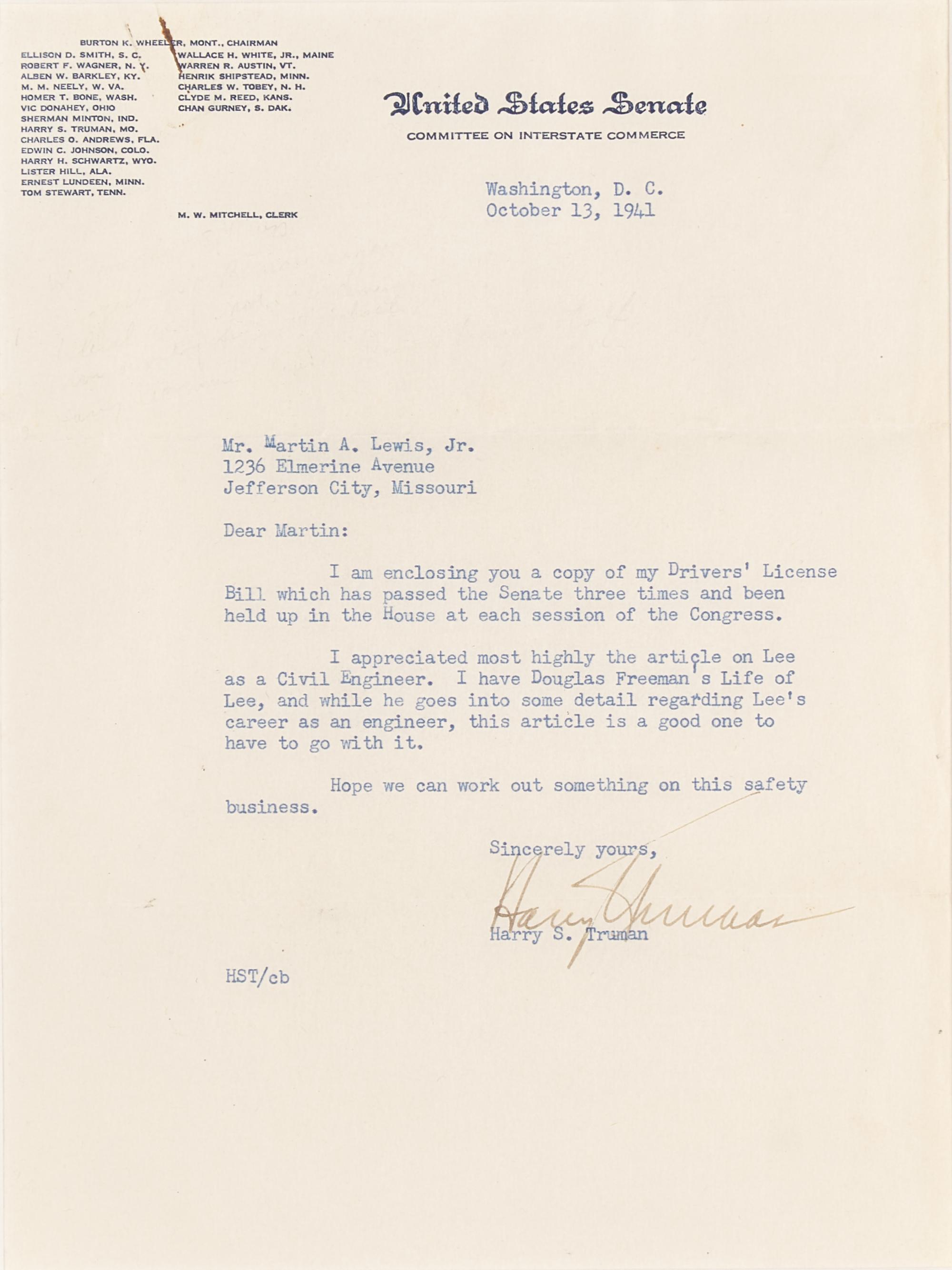 [Presidential] Truman, Harry S. Typed Letter, signed