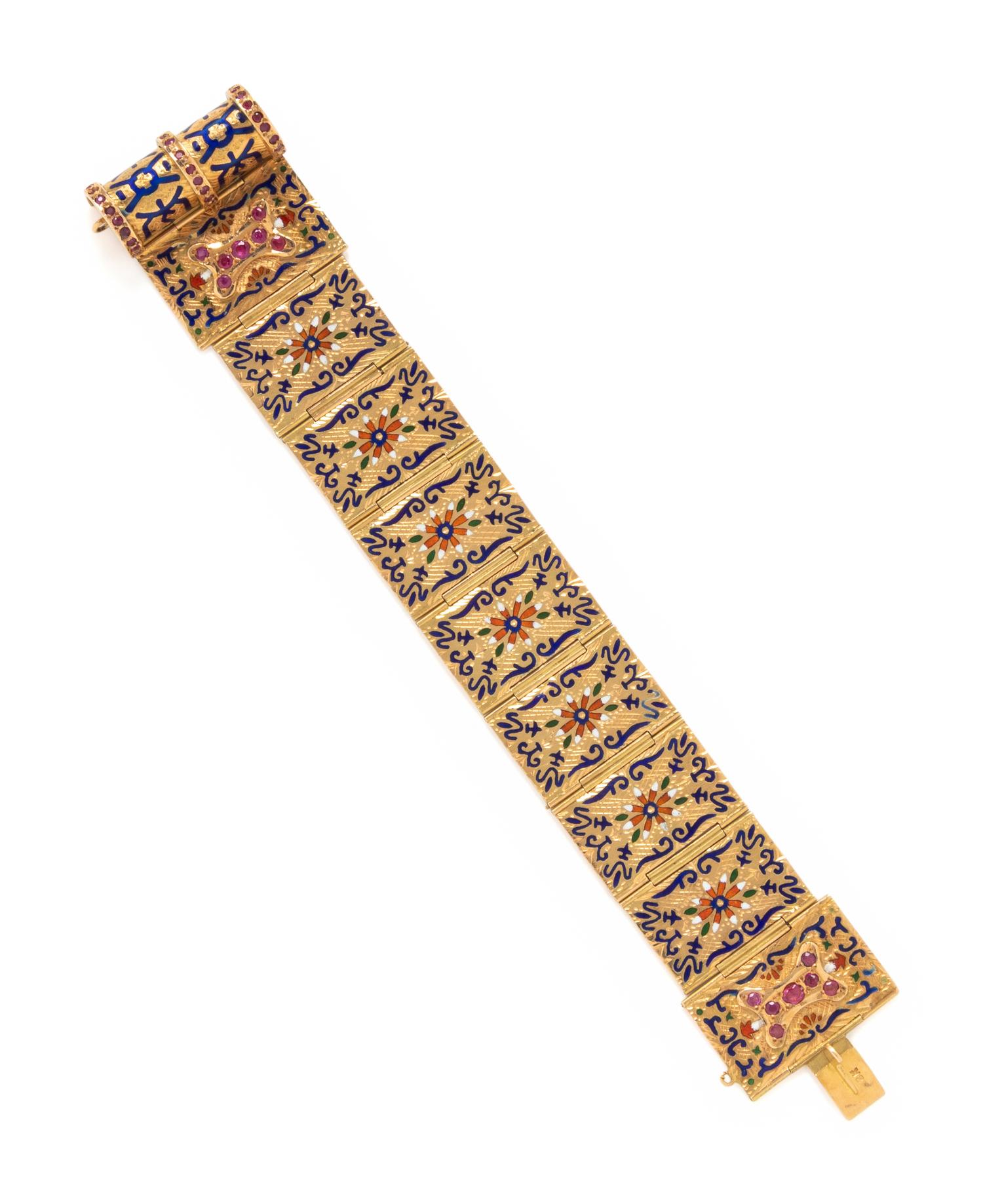 YELLOW GOLD, ENAMEL, AND RUBY BRACELET