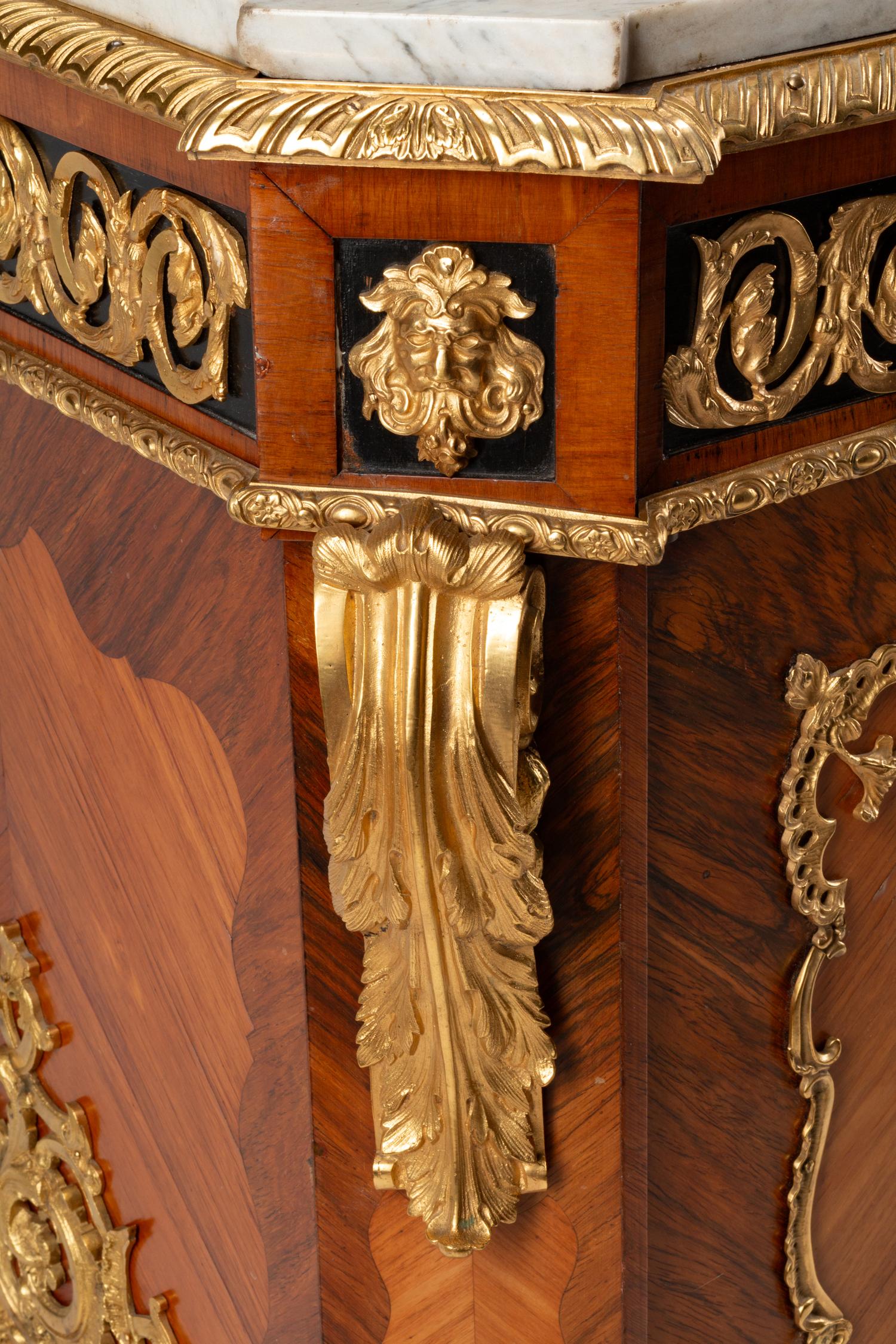 A French Gilt Bronze and Porcelain Plaque-Mounted Kingwood and Tulipwood Marble-Top Cabinet