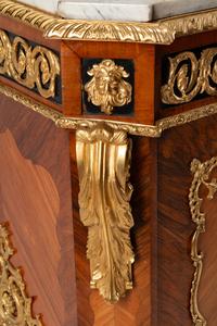 A French Gilt Bronze and Porcelain Plaque-Mounted Kingwood and Tulipwood Marble-Top Cabinet