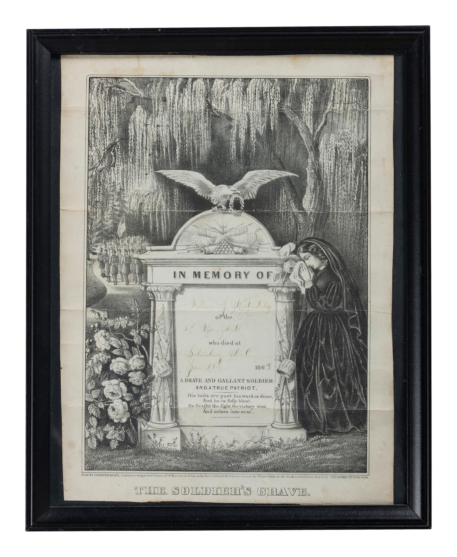 [CIVIL WAR]. CURRIER & IVES, publishers. The Soldier's Grave. Partially printed lithograph identified to Private William J. Martindale, 5th New York Heavy Artillery, POW Cedar Creek, VA, DOD Salisbury, NC.