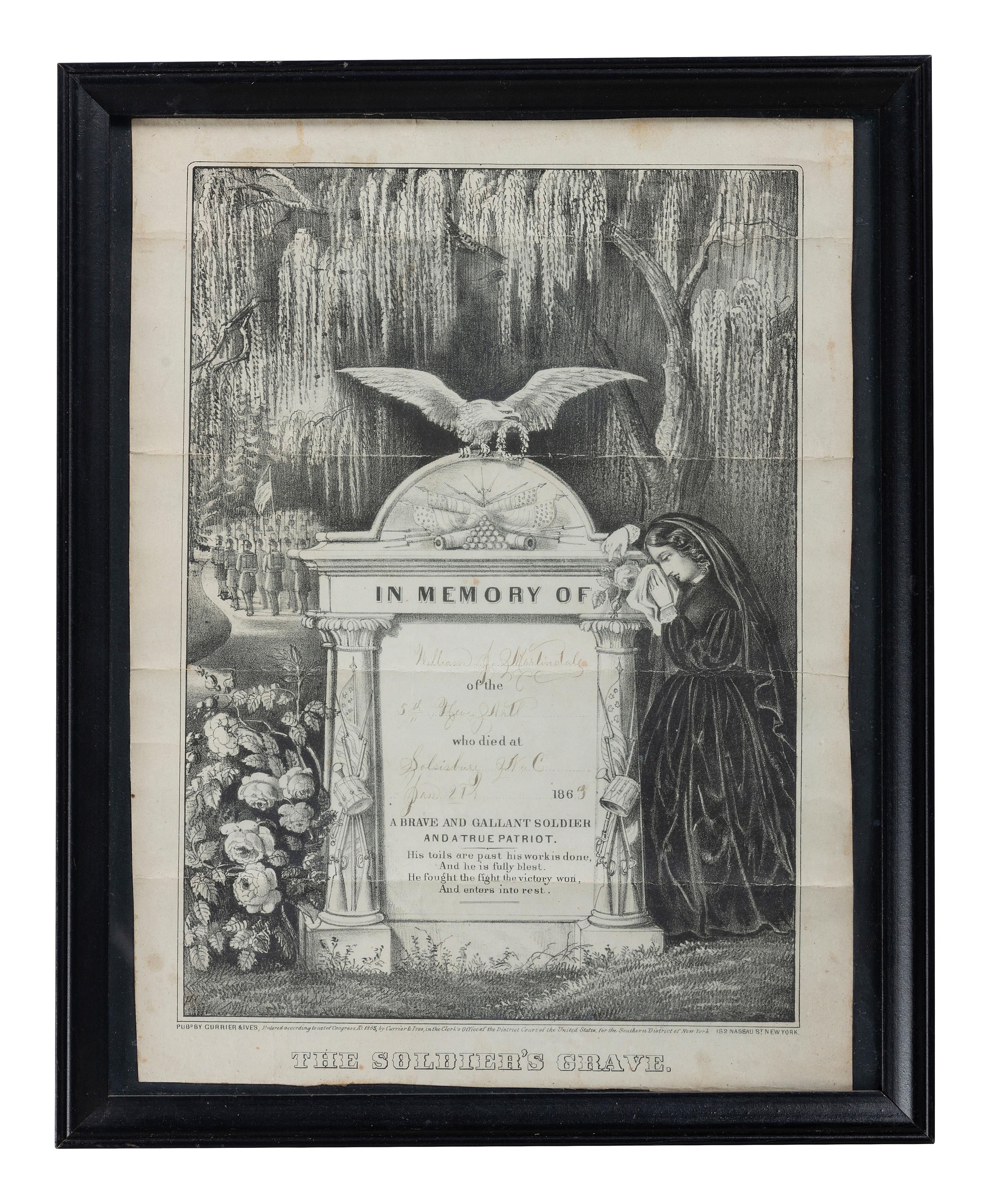 [CIVIL WAR]. CURRIER & IVES, publishers. The Soldier's Grave. Partially printed lithograph identified to Private William J. Martindale, 5th New York Heavy Artillery, POW Cedar Creek, VA, DOD Salisbury, NC.