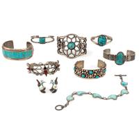 Selection of Navajo, Hopi, and Zuni Silver Bracelets and Earrings, with Inlay