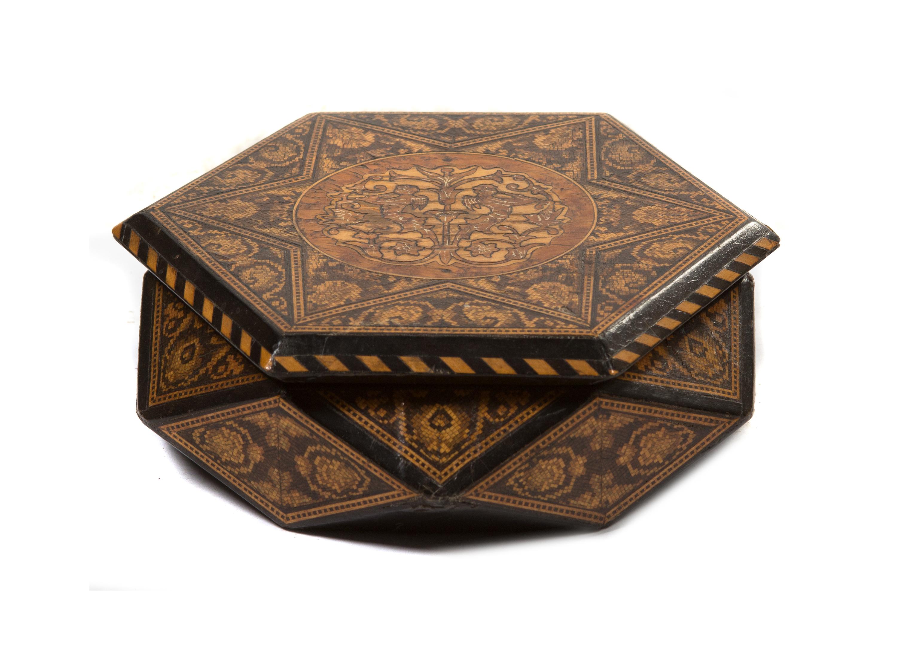 A Tunbridge Style Table Casket, Diameter 6 1/2 inches.
