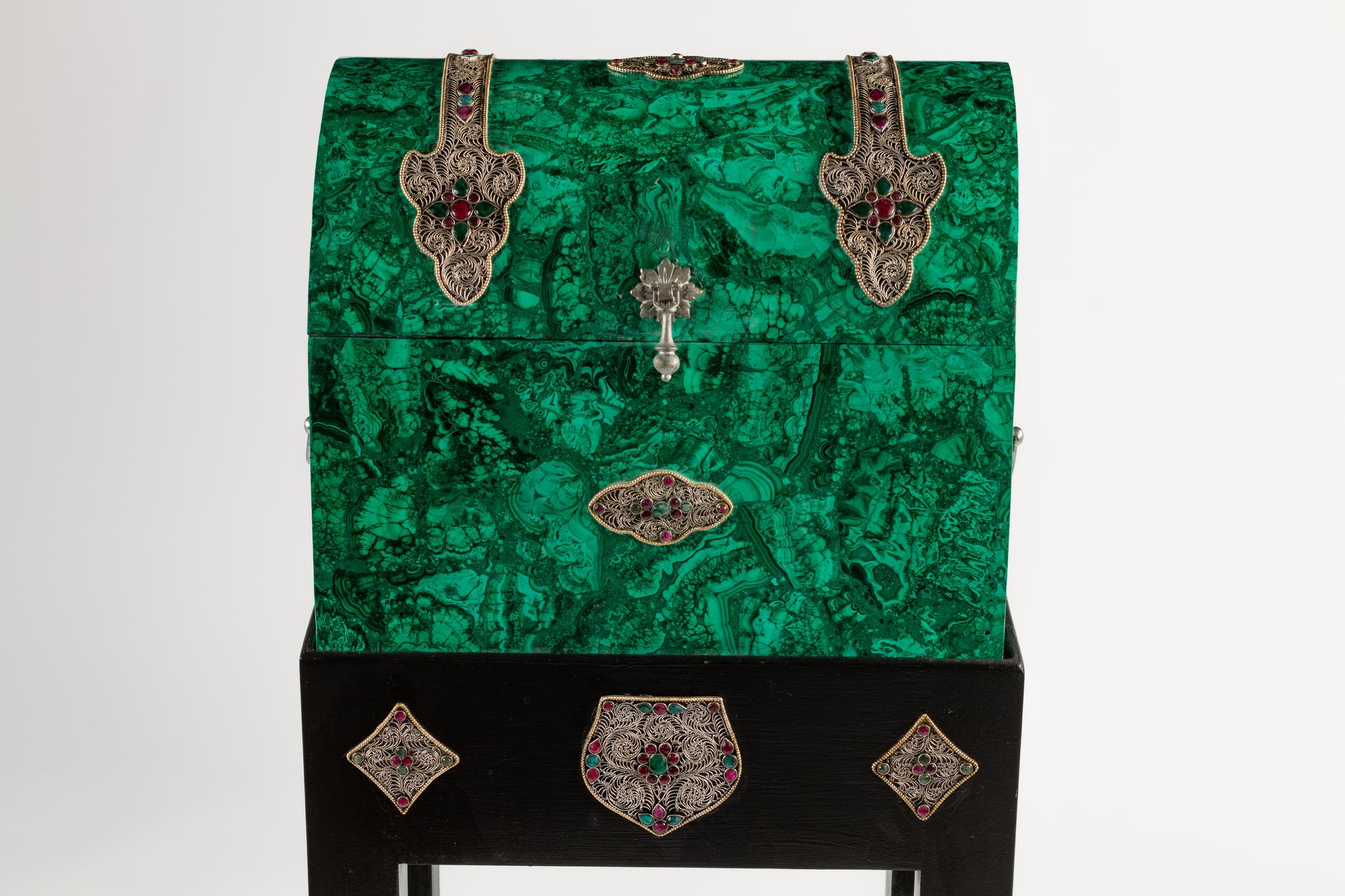 A Ruby, Emerald and Filigree Mounted Malachite Casket on Stand
