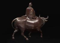 A Japanese silver-inlaid patinated bronze “Poet and Oxen” censer, Edo to Meiji period 日本嵌銀加漆高士與牛銅香爐 江戶或明治