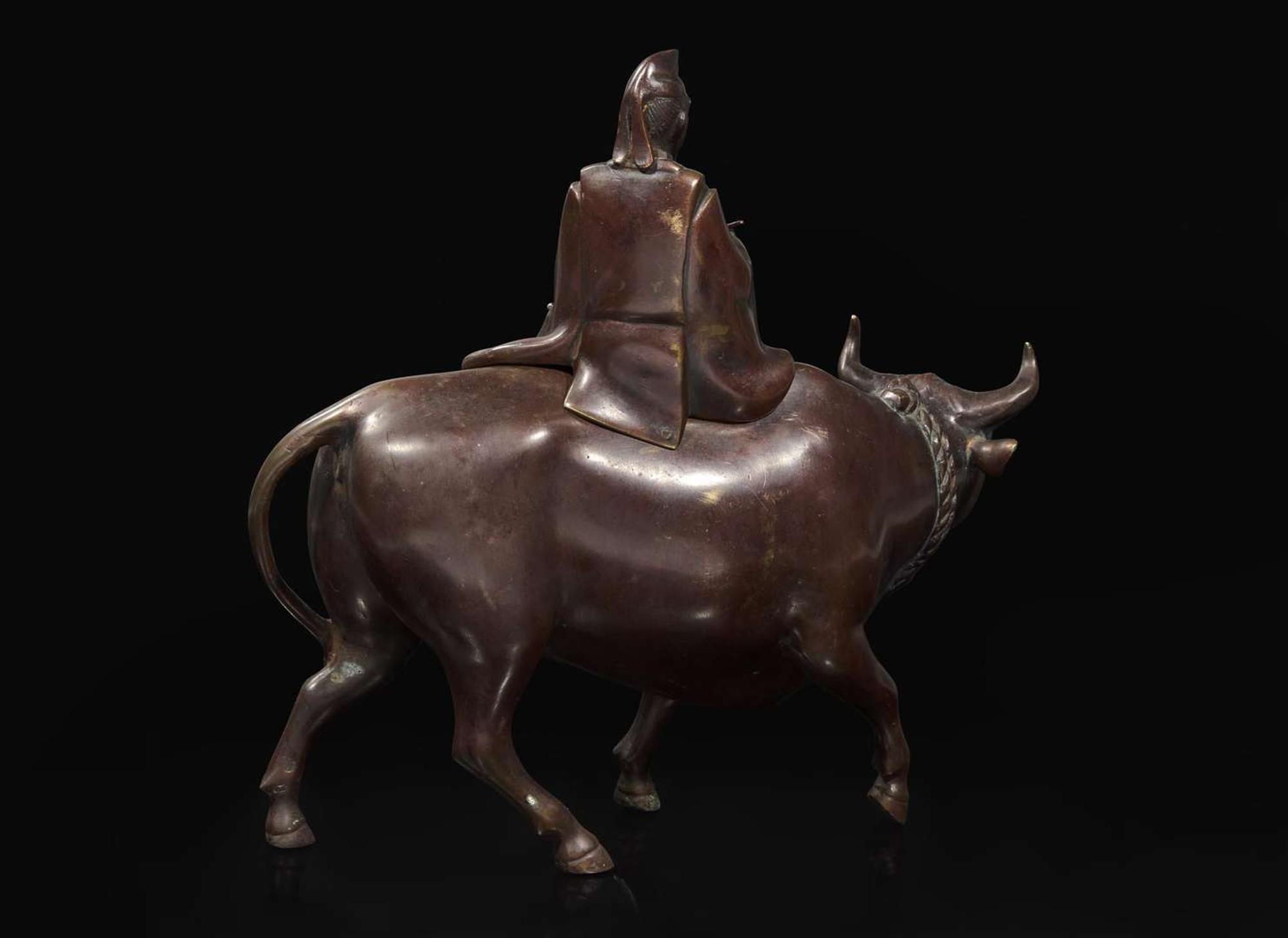 A Japanese silver-inlaid patinated bronze “Poet and Oxen” censer, Edo to Meiji period 日本嵌銀加漆高士與牛銅香爐 江戶或明治