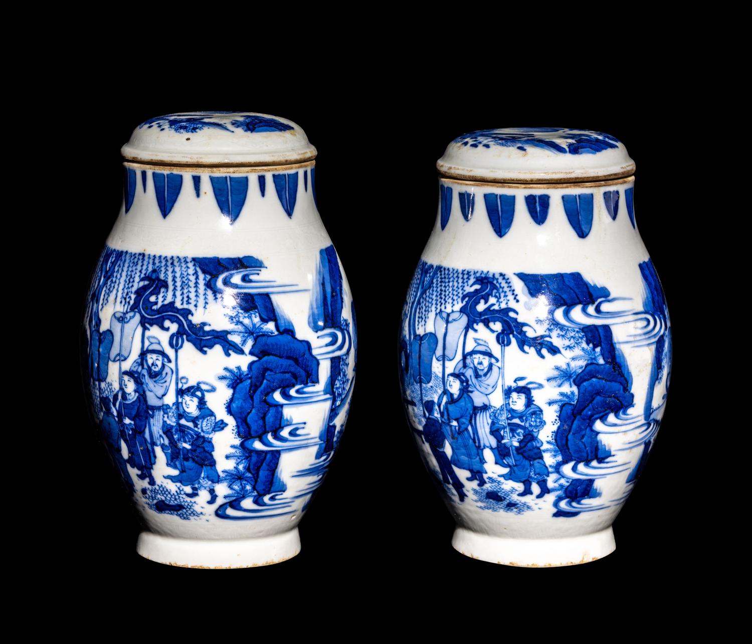 A Matched Pair of Chinese Blue and White Porcelain Covered Jars