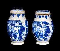 A Matched Pair of Chinese Blue and White Porcelain Covered Jars