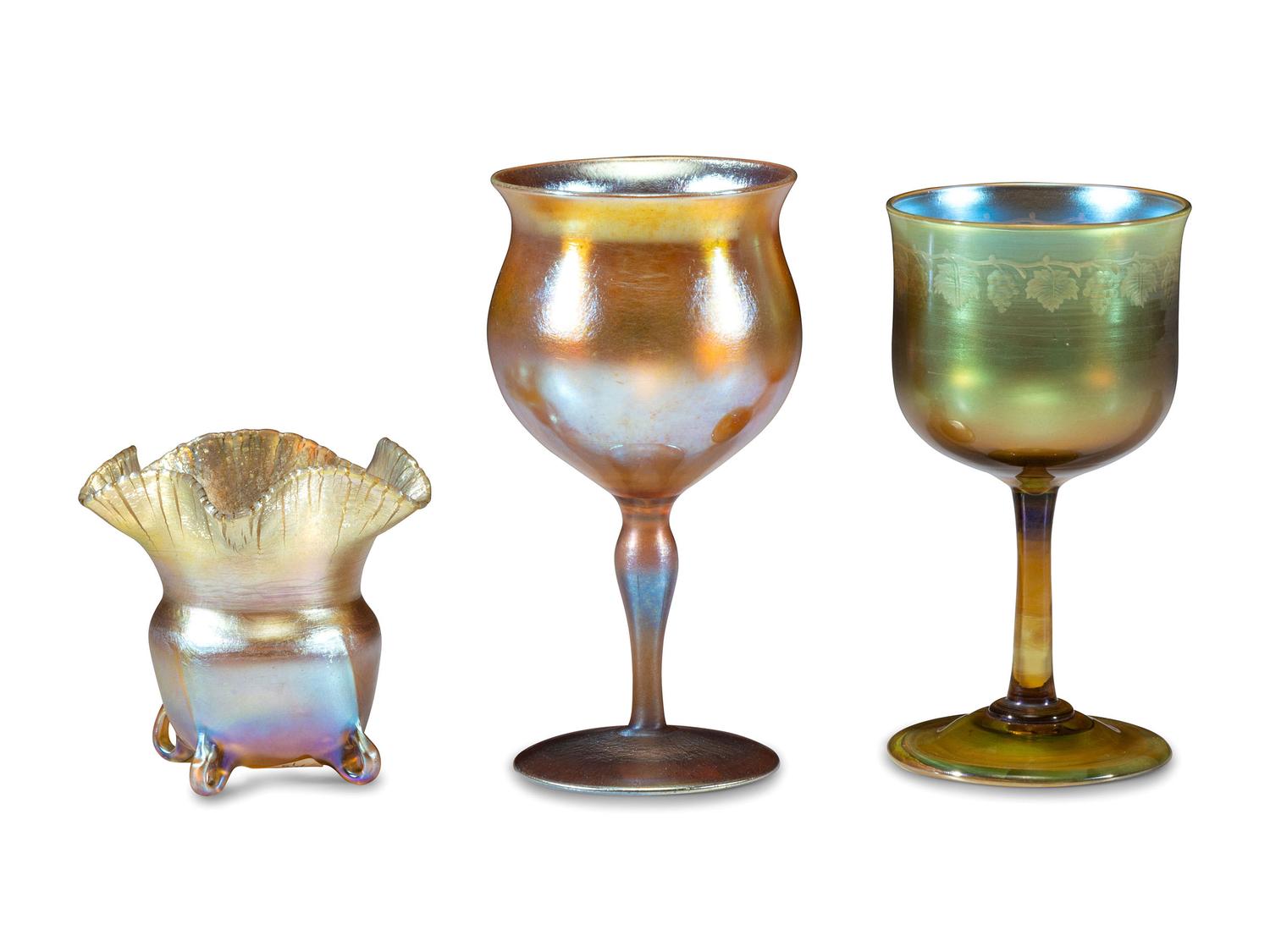 Three Iridescent Art Glass Articles
