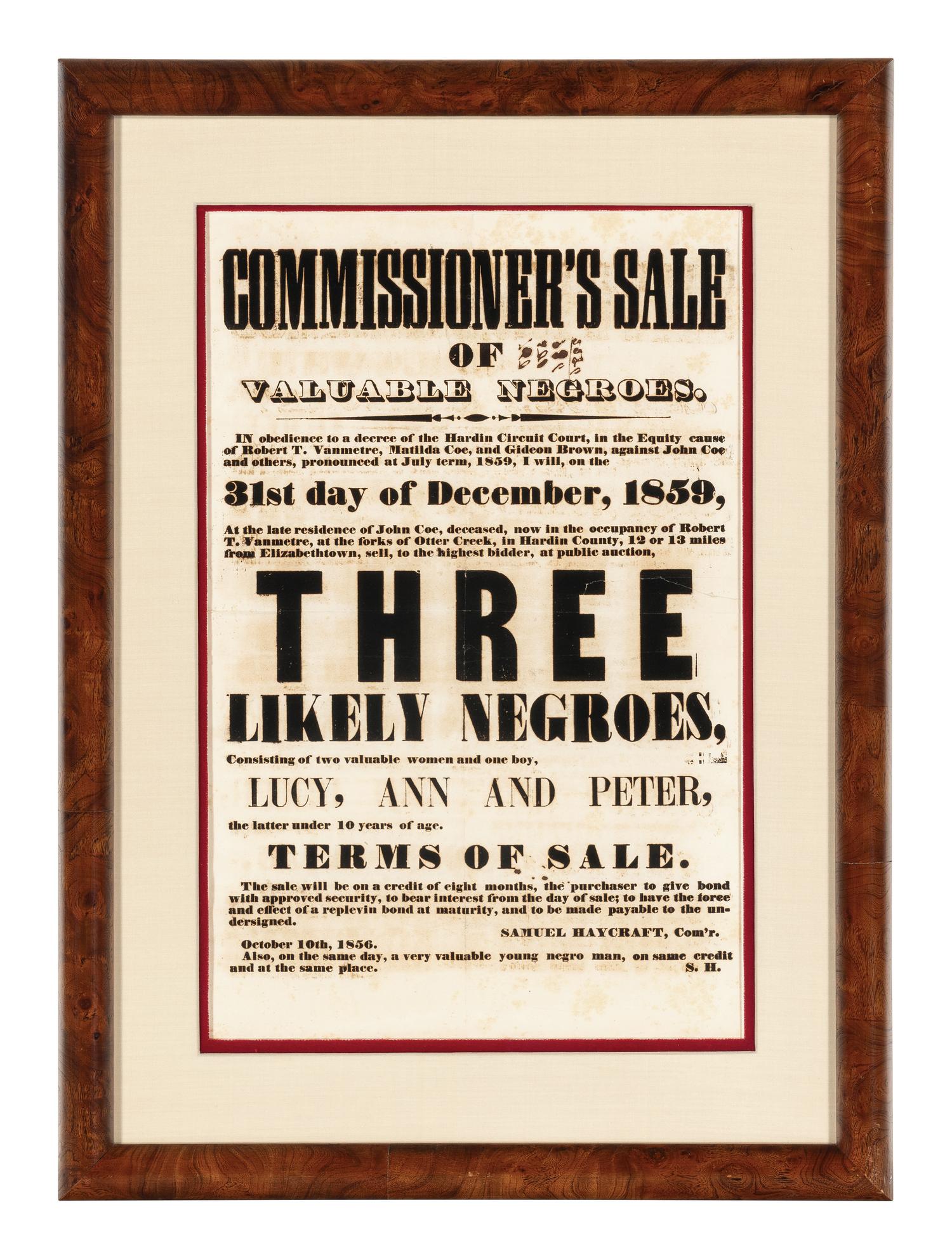Commissioner's Sale of Valuable Negroes... Elizabethtown, [Kentucky], 1859.