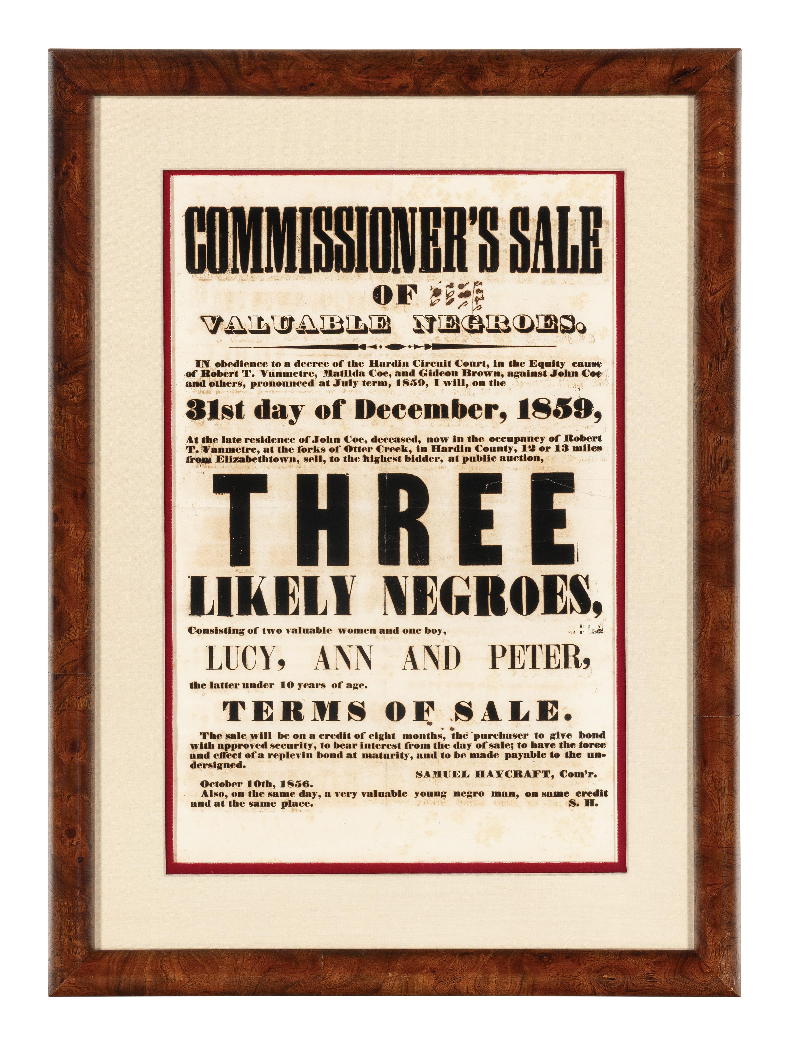 Commissioner's Sale of Valuable Negroes... Elizabethtown, [Kentucky], 1859.