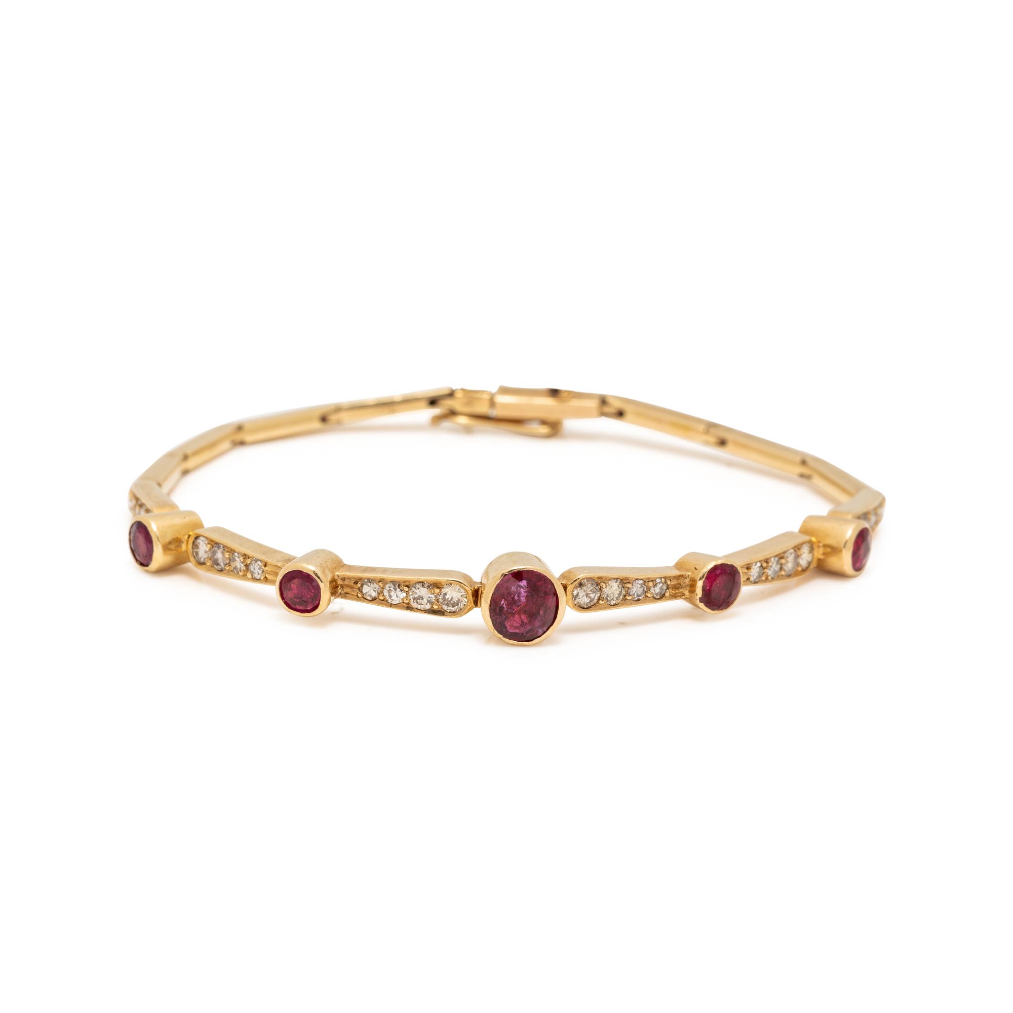 YELLOW GOLD, SYNTHETIC RUBY, AND DIAMOND BRACELET