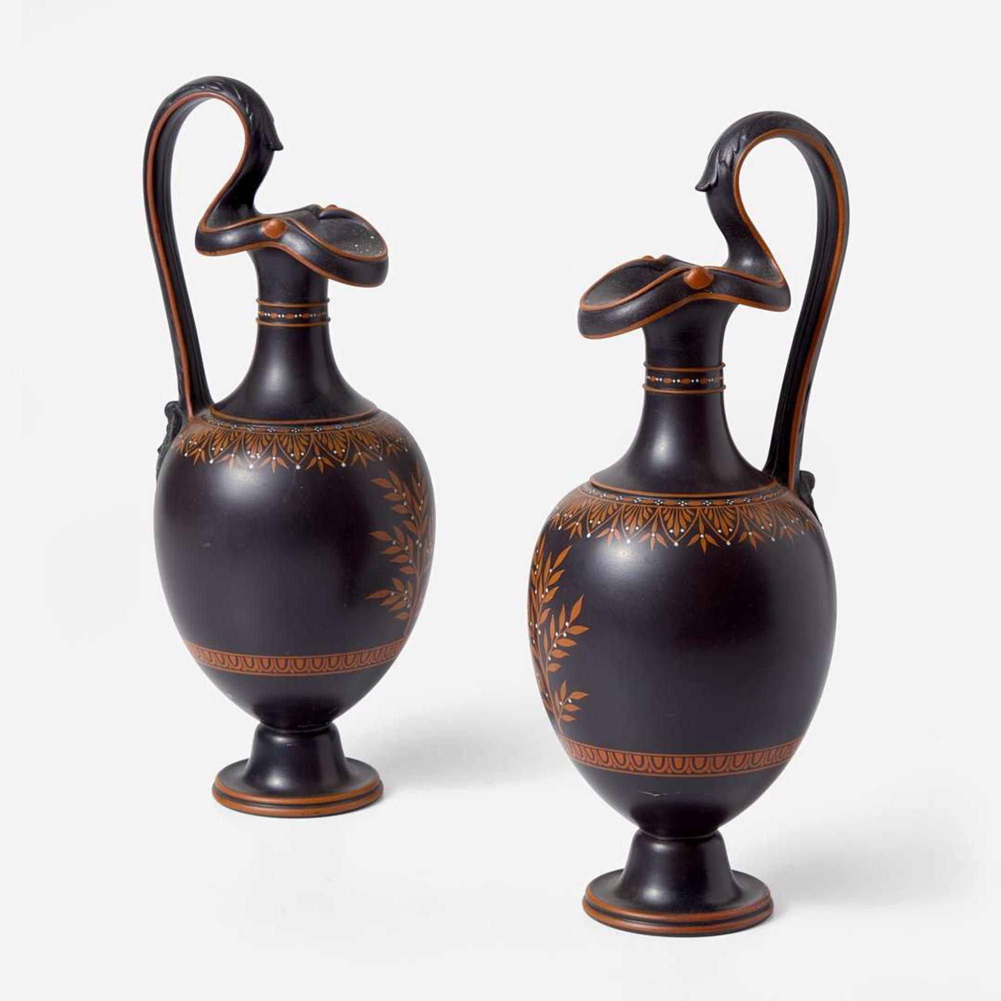 A Pair of Wedgwood Encaustic-decorated Black Basalt Oenochoe UK, circa 1795