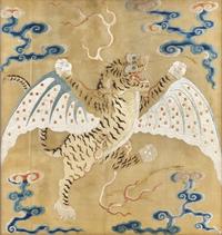 A Rare Chinese Silk Embroidered 'Flying Tiger' Yellow Banner, Qing Dynasty 清 黃地綉飛虎軍旗
