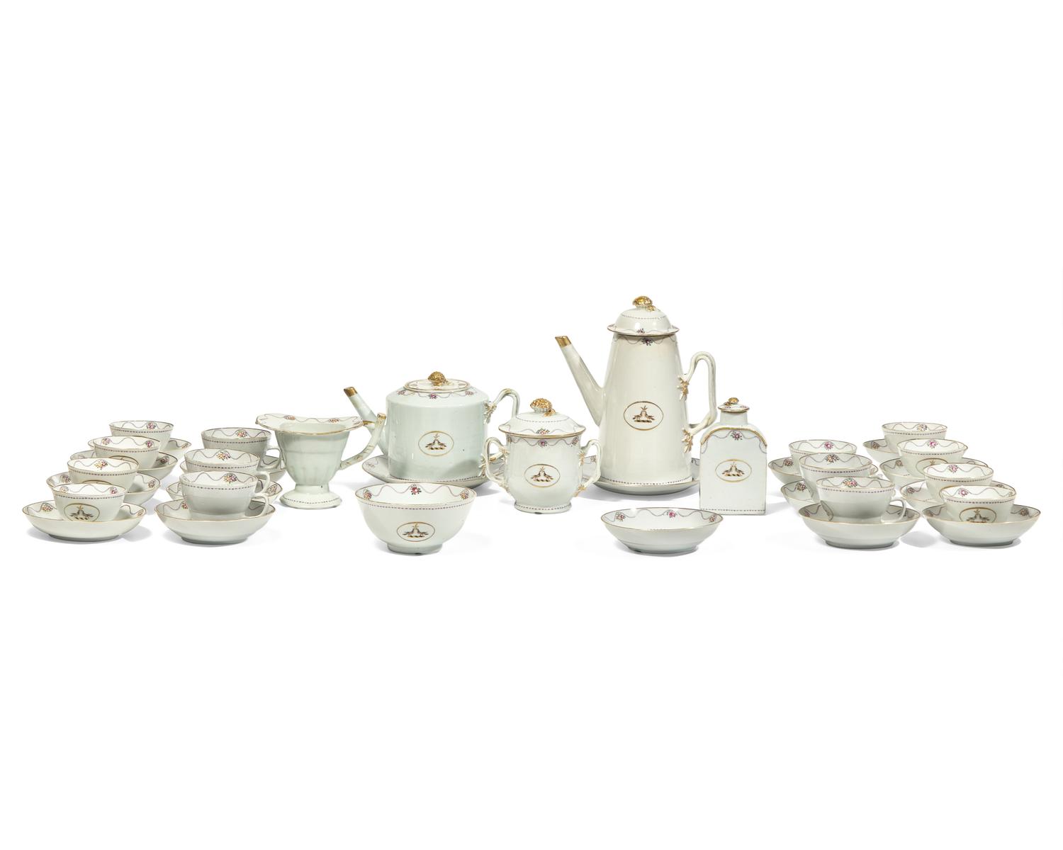 A Chinese Export Famille Rose Parcel-Gilt and Polychrome Armorial Porcelain Tea and Coffee Service