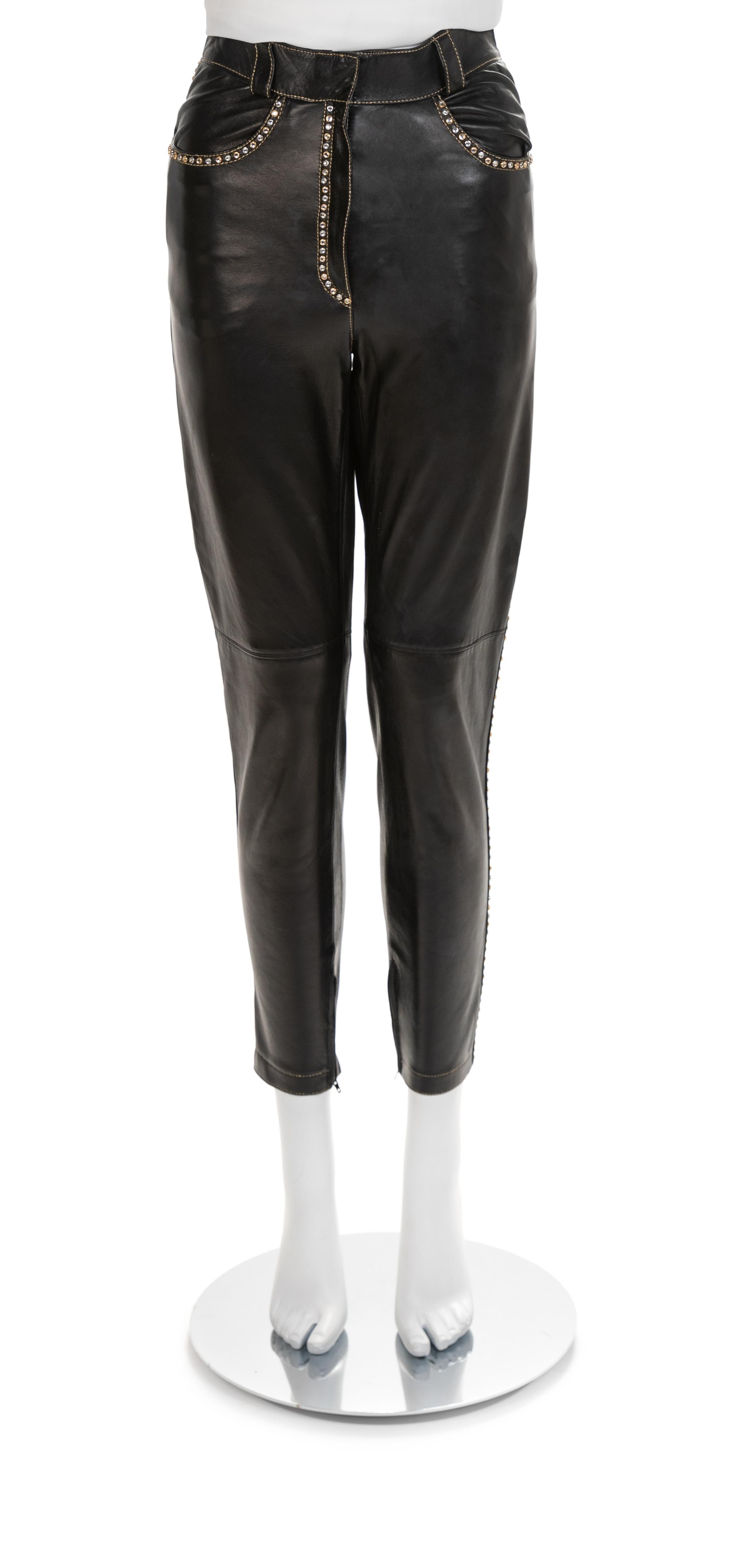 Gianni Versace Black Leather Pants with Rhinestones, 1990s No size label