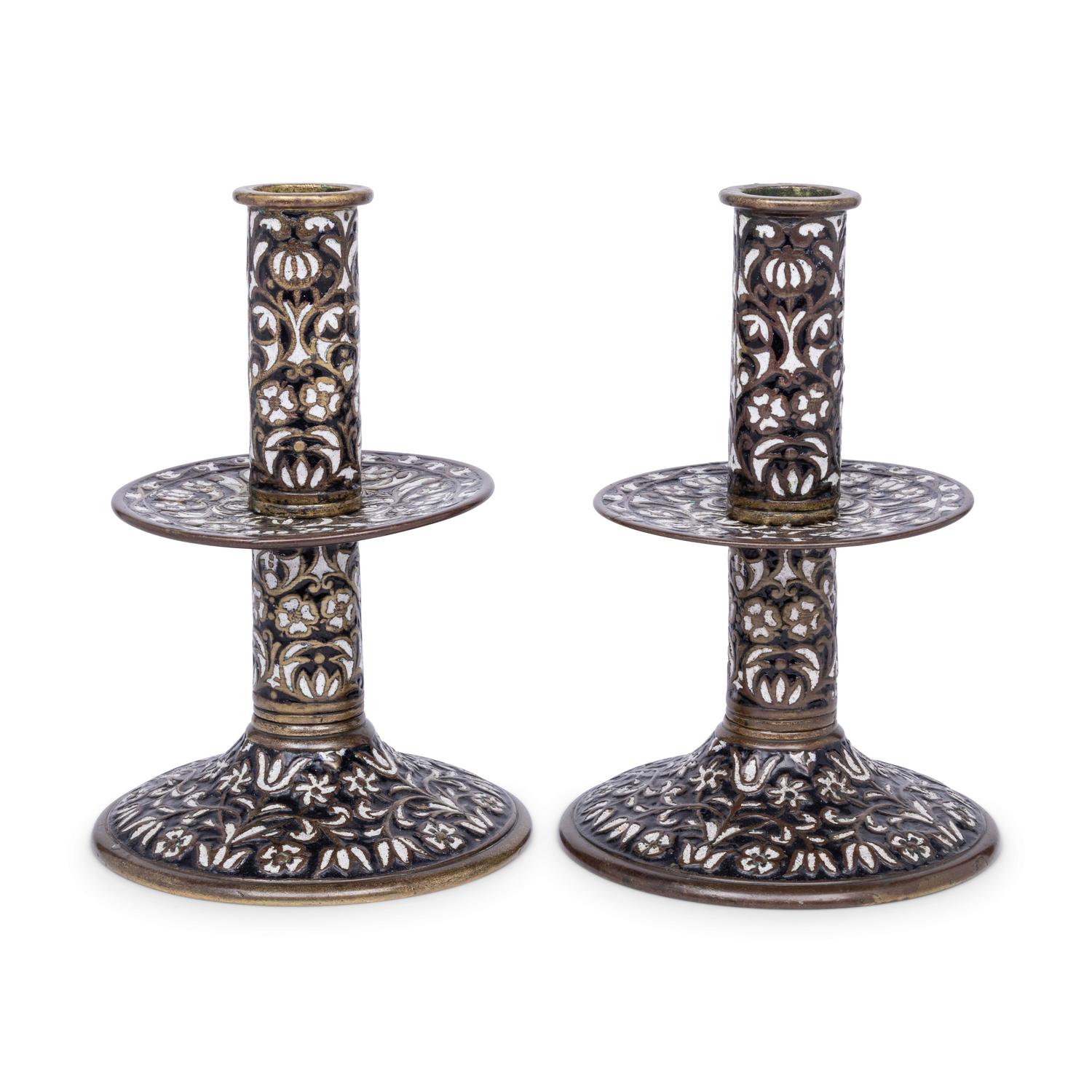 A Pair of Cast Brass 'Surrey Enamel' Candlesticks