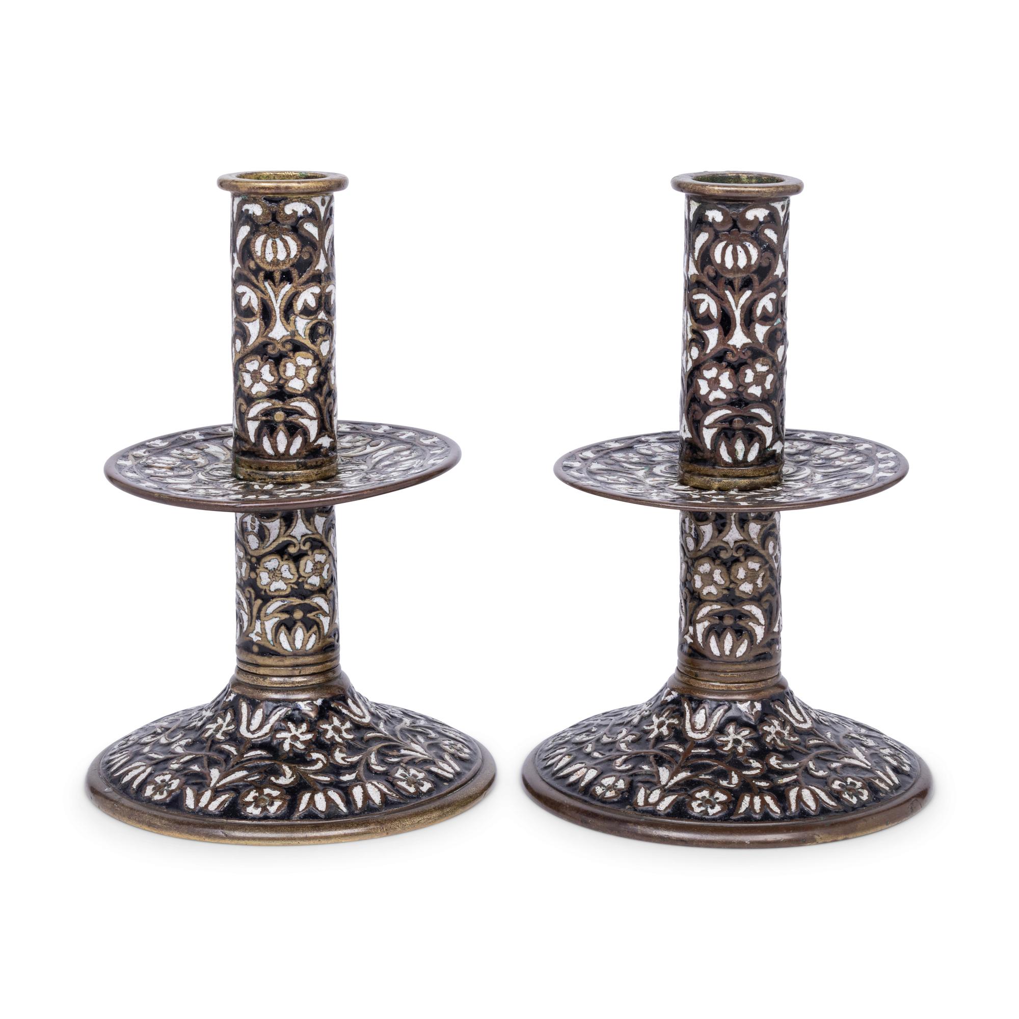 A Pair of Cast Brass 'Surrey Enamel' Candlesticks