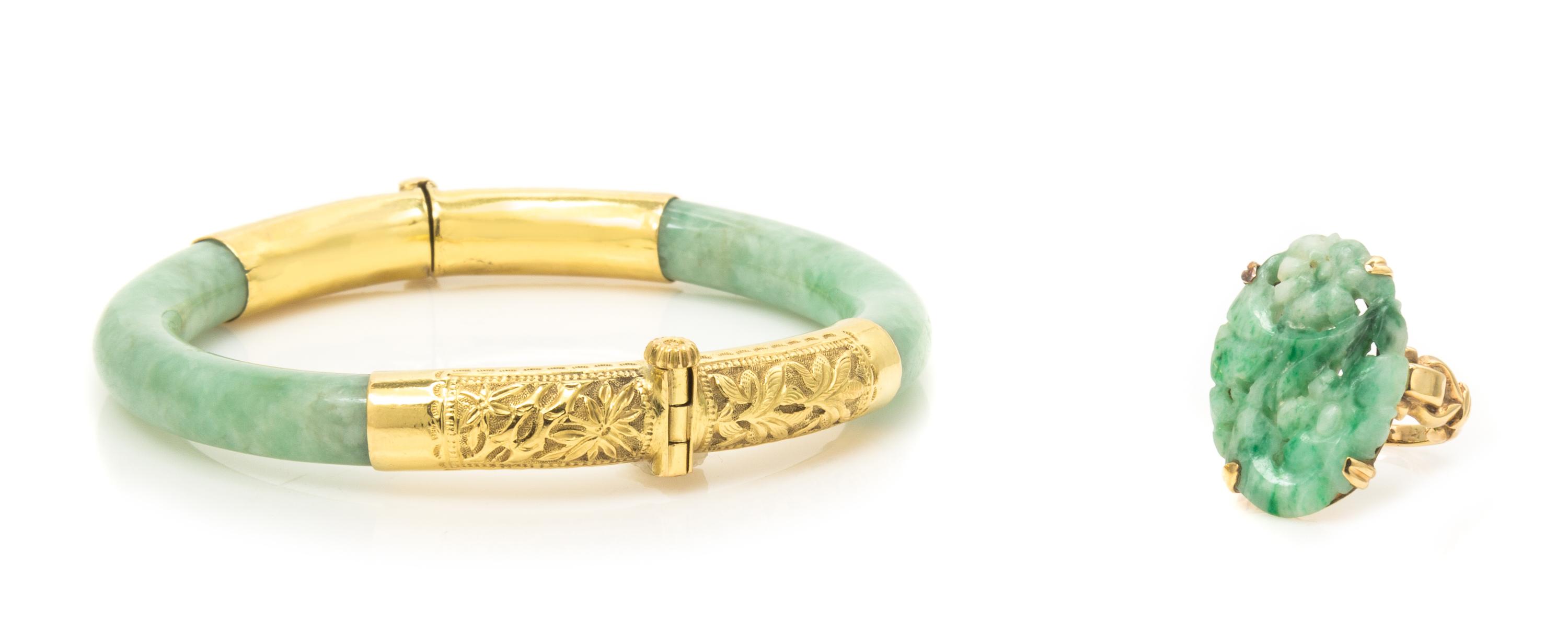 A Collection of Yellow Gold and Jade Jewelry, 24.20 dwts.