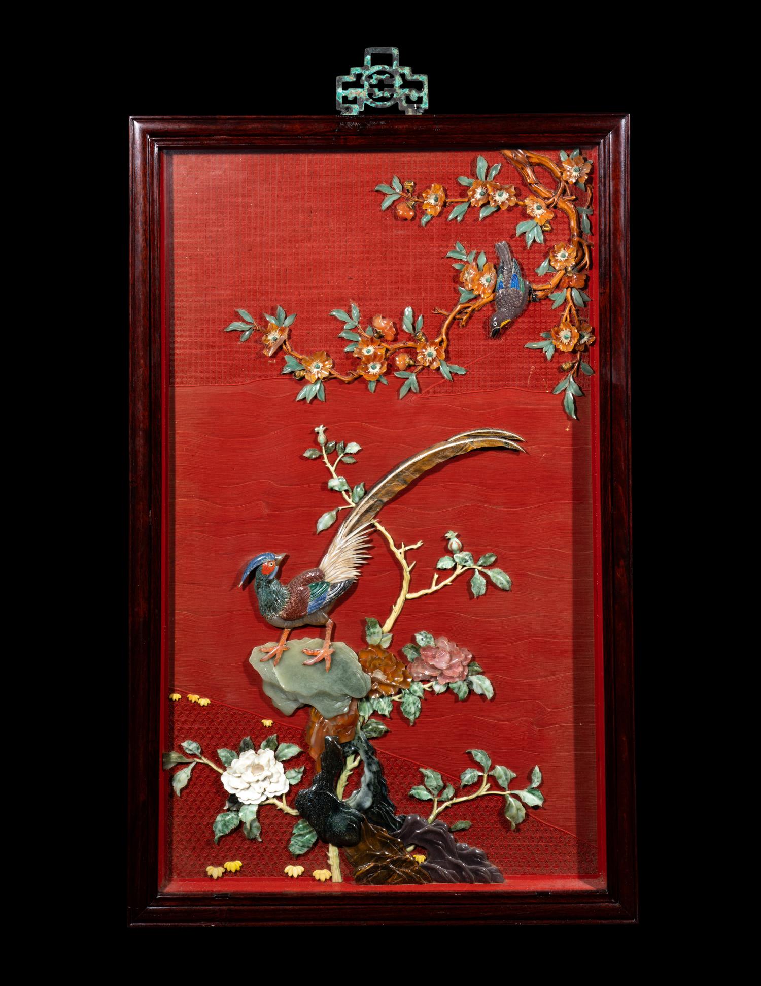 A Pair of Chinese Cinnabar Lacquered Ground Hardstone Inlaid Hanging Screens