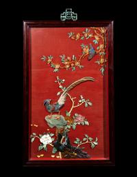 A Pair of Chinese Cinnabar Lacquered Ground Hardstone Inlaid Hanging Screens
